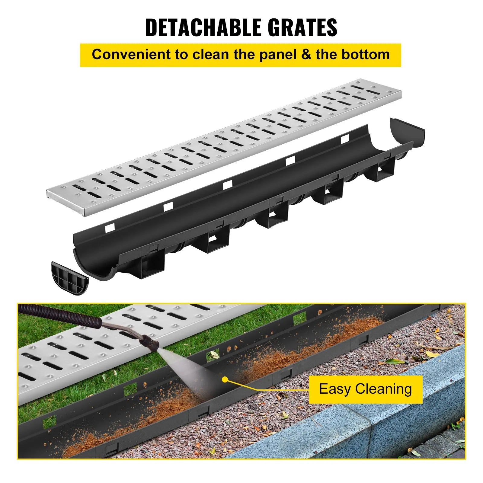 VEVOR Trench Drain System, Channel Drain with Metal Grate, 5.8x3.1-Inch HDPE Drainage Trench, Black Plastic Garage Floor Drain, 5x39" Trench Drain Grate, With 5 End Caps, For Garden, Driveway-5 Pack