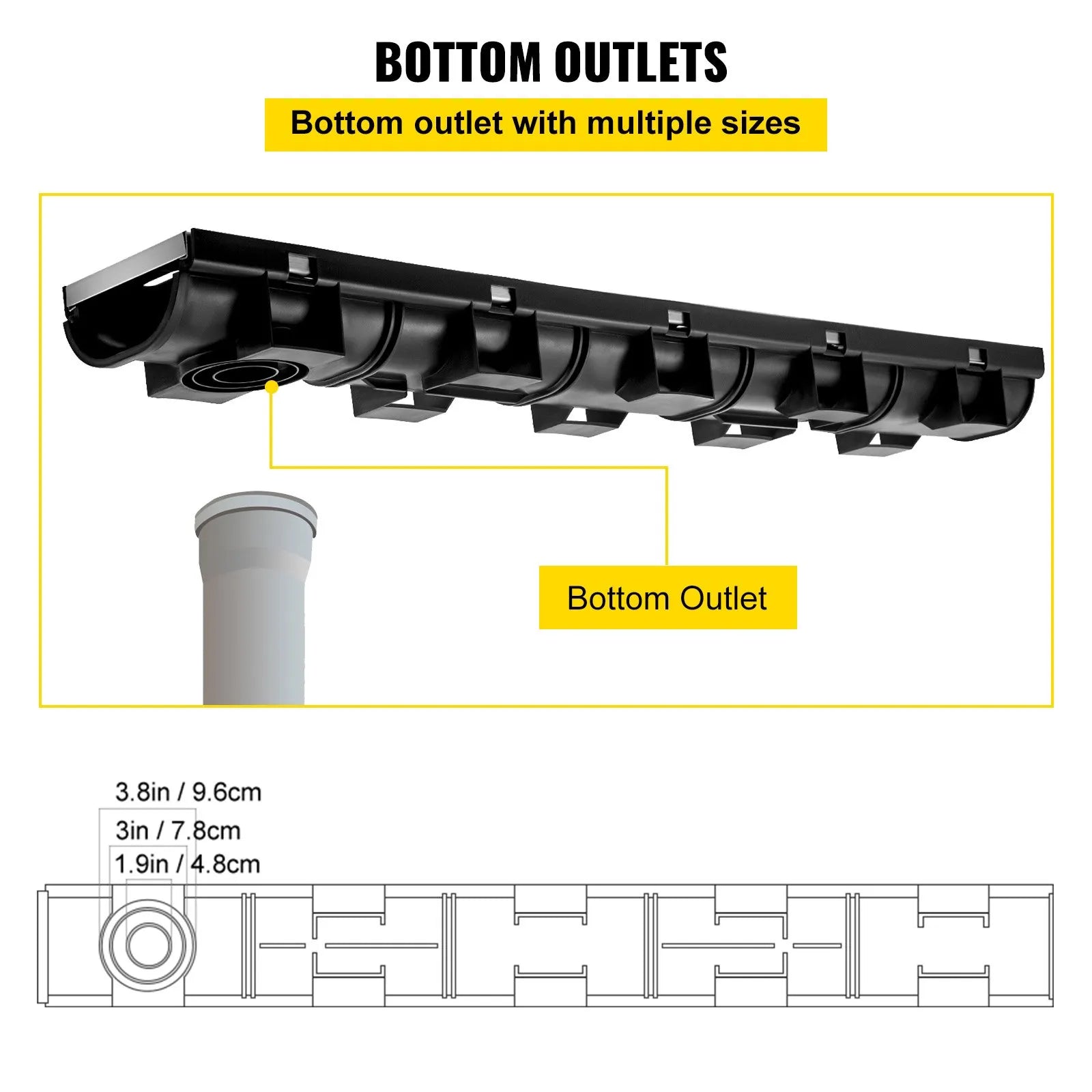 VEVOR Trench Drain System, Channel Drain with Metal Grate, 5.8x3.1-Inch HDPE Drainage Trench, Black Plastic Garage Floor Drain, 5x39" Trench Drain Grate, With 5 End Caps, For Garden, Driveway-5 Pack