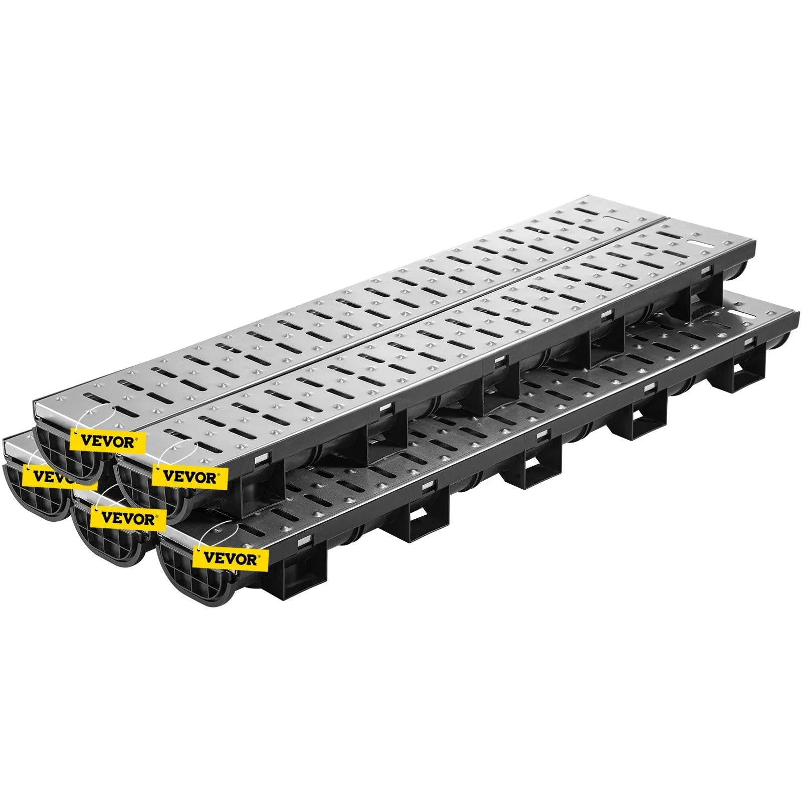 VEVOR Trench Drain System, Channel Drain with Metal Grate, 5.8x3.1-Inch HDPE Drainage Trench, Black Plastic Garage Floor Drain, 5x39" Trench Drain Grate, With 5 End Caps, For Garden, Driveway-5 Pack