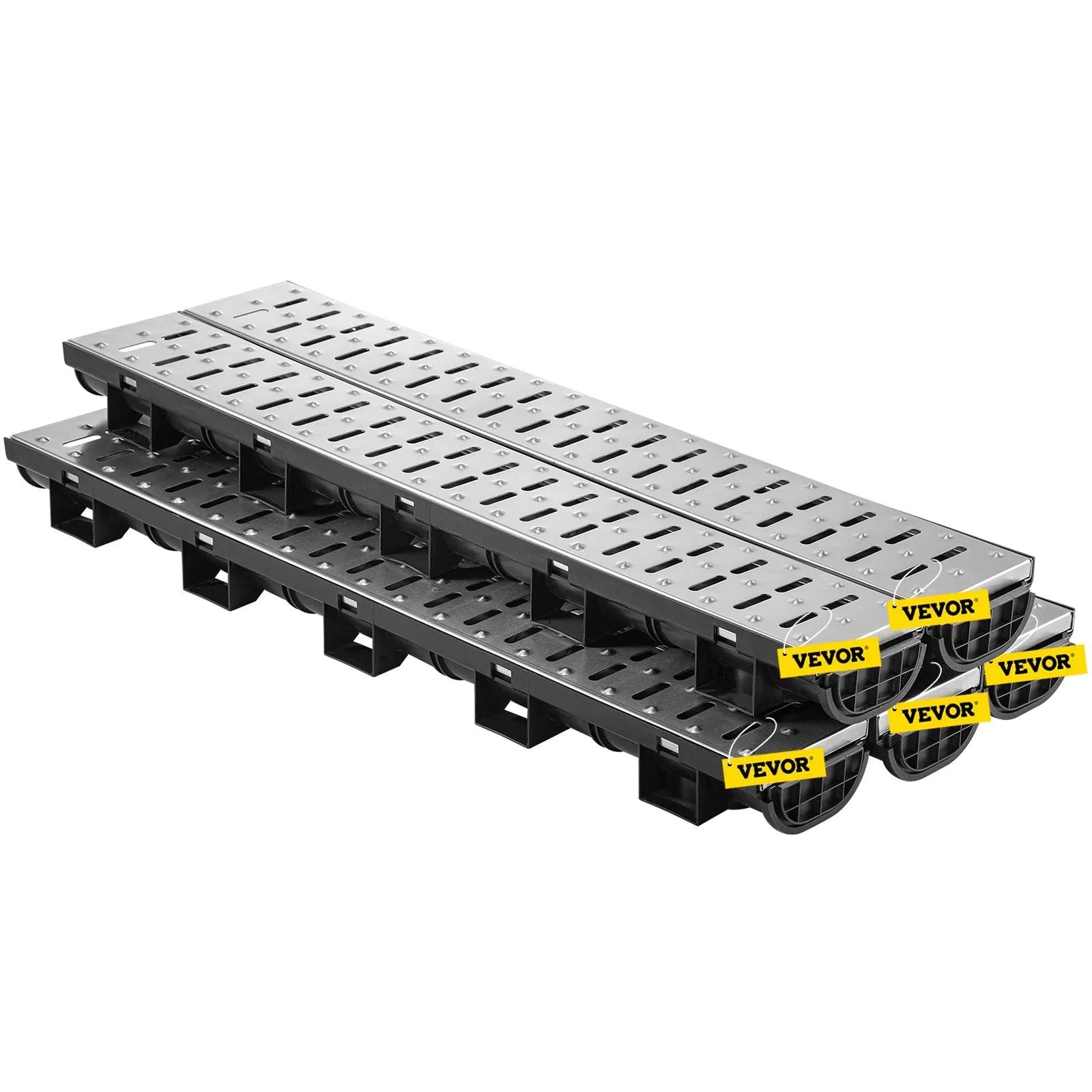 VEVOR Trench Drain System, Channel Drain with Metal Grate, 5.8x3.1-Inch HDPE Drainage Trench, Black Plastic Garage Floor Drain, 5x39" Trench Drain Grate, With 5 End Caps, For Garden, Driveway-5 Pack