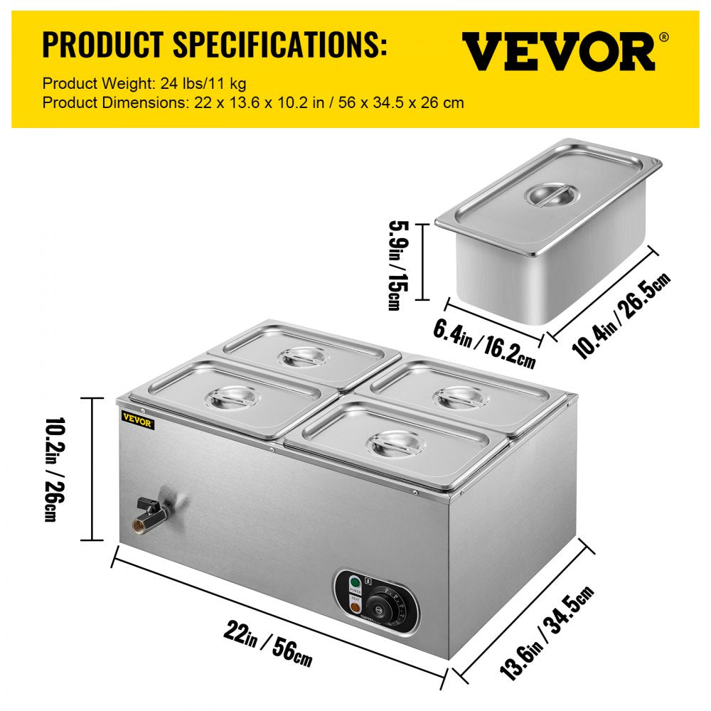 VEVOR 110V Commercial Food Warmer 4x1/4GN, 4-Pan Stainless Steel Bain Marie 14.8 Qt Capacity,1500W Steam Table 15cm/6inch Deep,Temp. Control 86-185, Electric Soup Warmer w/Lids & 2 Ladles