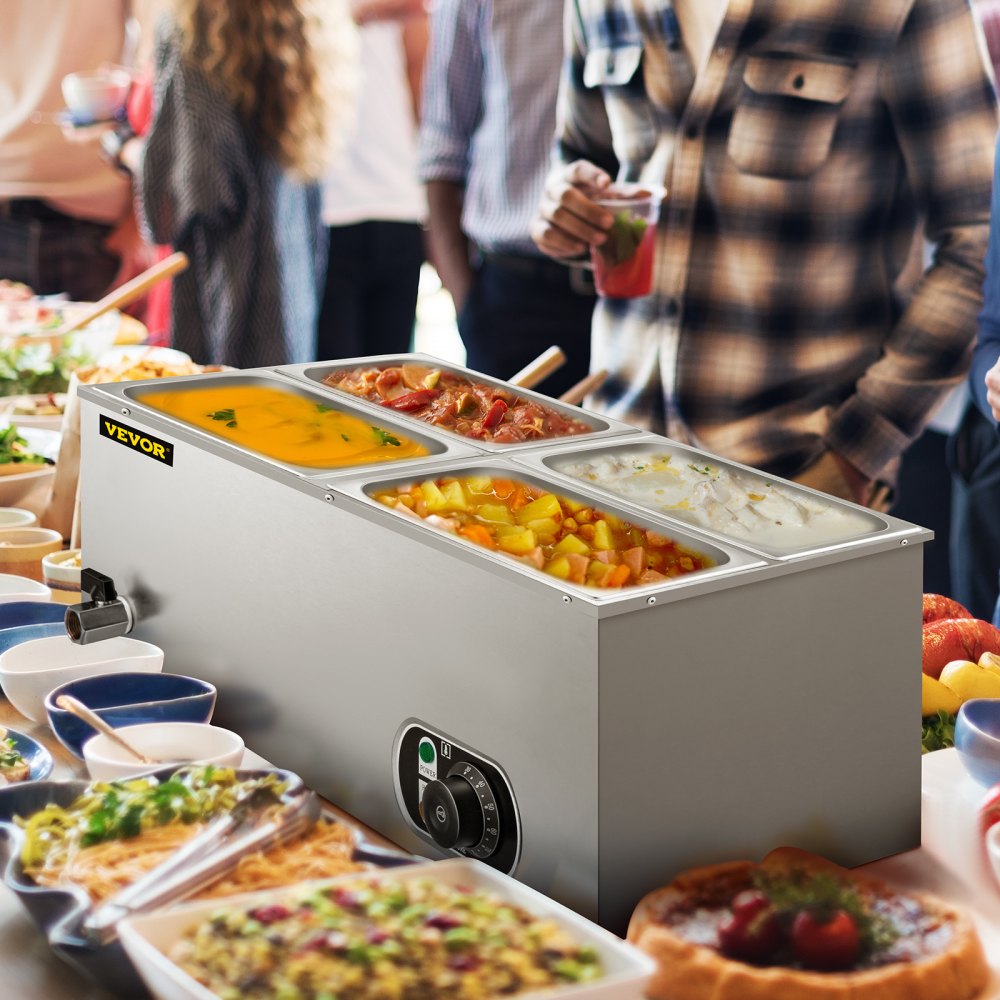 VEVOR 110V Commercial Food Warmer 4x1/4GN, 4-Pan Stainless Steel Bain Marie 14.8 Qt Capacity,1500W Steam Table 15cm/6inch Deep,Temp. Control 86-185, Electric Soup Warmer w/Lids & 2 Ladles