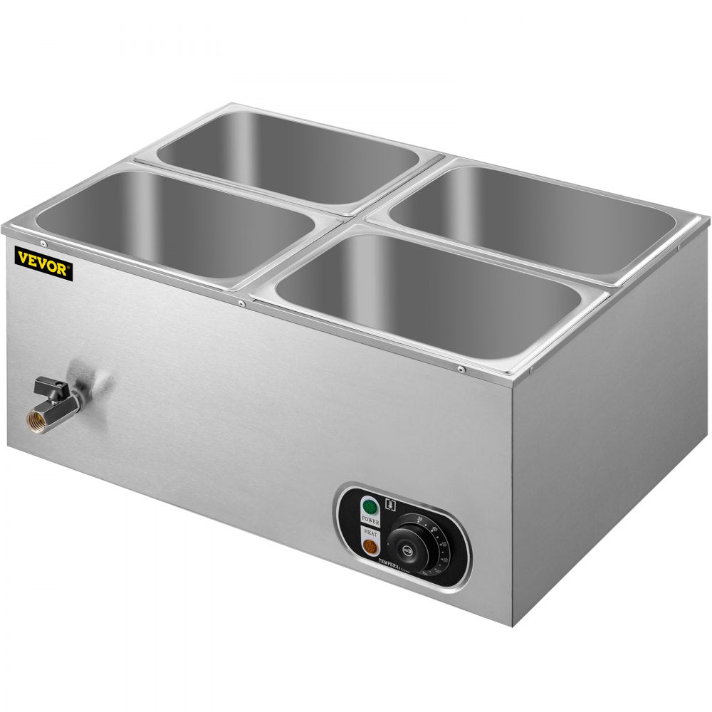 VEVOR 110V Commercial Food Warmer 4x1/4GN, 4-Pan Stainless Steel Bain Marie 14.8 Qt Capacity,1500W Steam Table 15cm/6inch Deep,Temp. Control 86-185, Electric Soup Warmer w/Lids & 2 Ladles