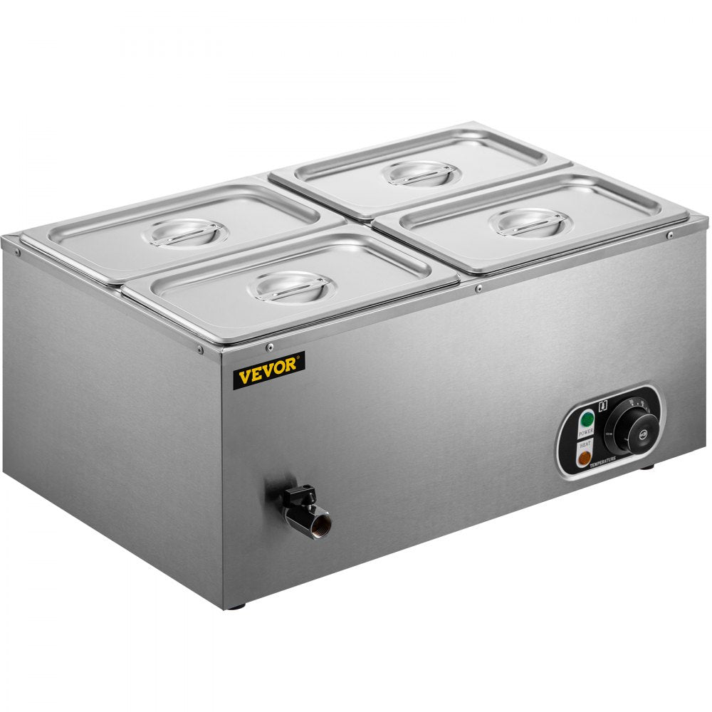 VEVOR 110V Commercial Food Warmer 4x1/4GN, 4-Pan Stainless Steel Bain Marie 14.8 Qt Capacity,1500W Steam Table 15cm/6inch Deep,Temp. Control 86-185, Electric Soup Warmer w/Lids & 2 Ladles