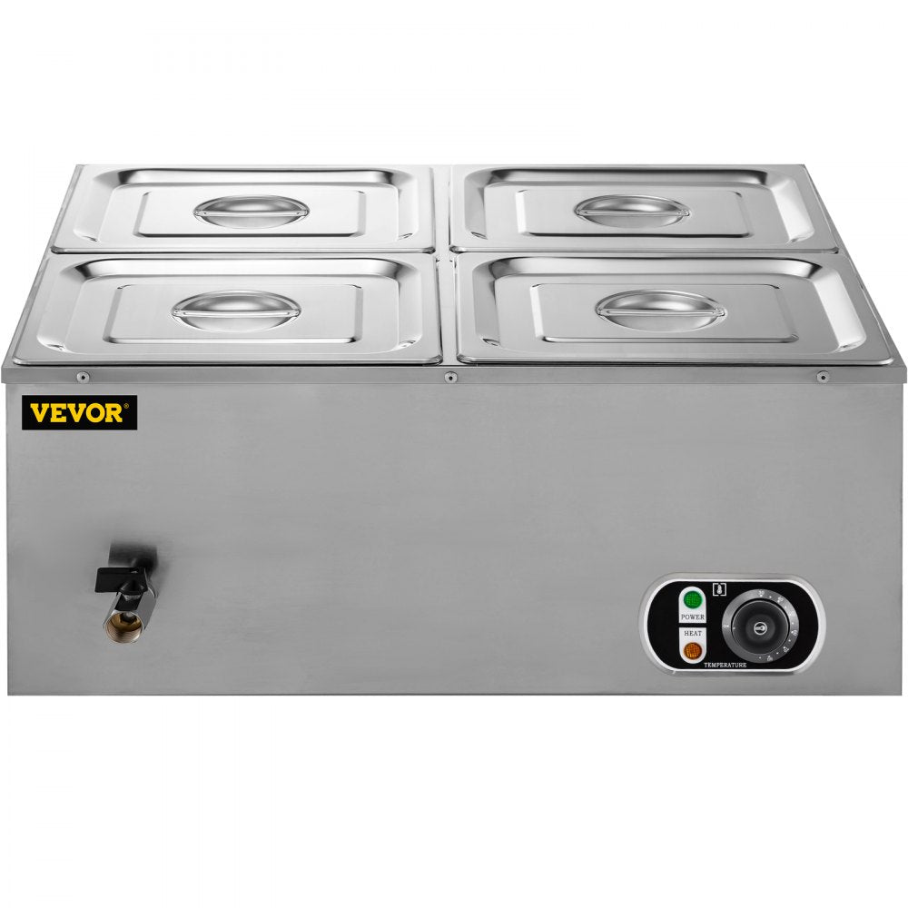 VEVOR 110V Commercial Food Warmer 4x1/4GN, 4-Pan Stainless Steel Bain Marie 14.8 Qt Capacity,1500W Steam Table 15cm/6inch Deep,Temp. Control 86-185, Electric Soup Warmer w/Lids & 2 Ladles