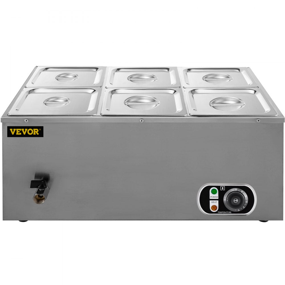 VEVOR 110V Commercial Food Warmer 6x1/6GN, 6-Pan Stainless Steel Bain Marie 12.6 Qt Capacity,1500W Steam Table 15cm/6inch Deep,Temp. Control 86-185, Electric Soup Warmer w/Lids & 2 Ladles