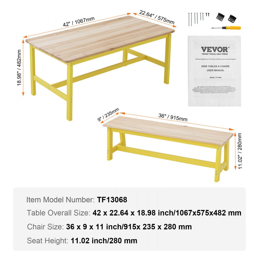 VEVOR Kids Table and Bench Set, Toddler Table and Chair Set of 3, Wood Activity Table for Art, Craft, Reading, Learning