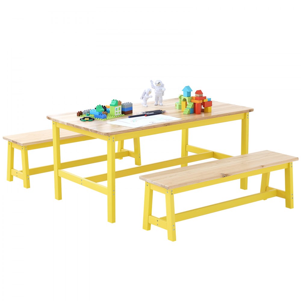 VEVOR Kids Table and Bench Set, Toddler Table and Chair Set of 3, Wood Activity Table for Art, Craft, Reading, Learning