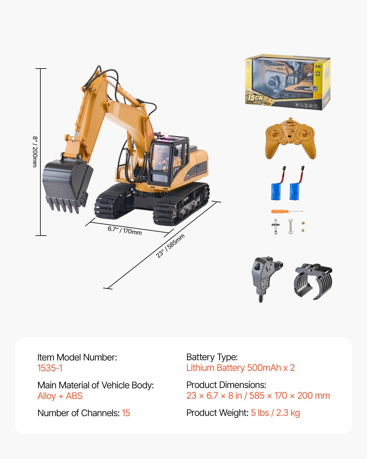 VEVOR Remote Control Excavator Toy 15 Channel 1:14 Scale RC Excavator Digger