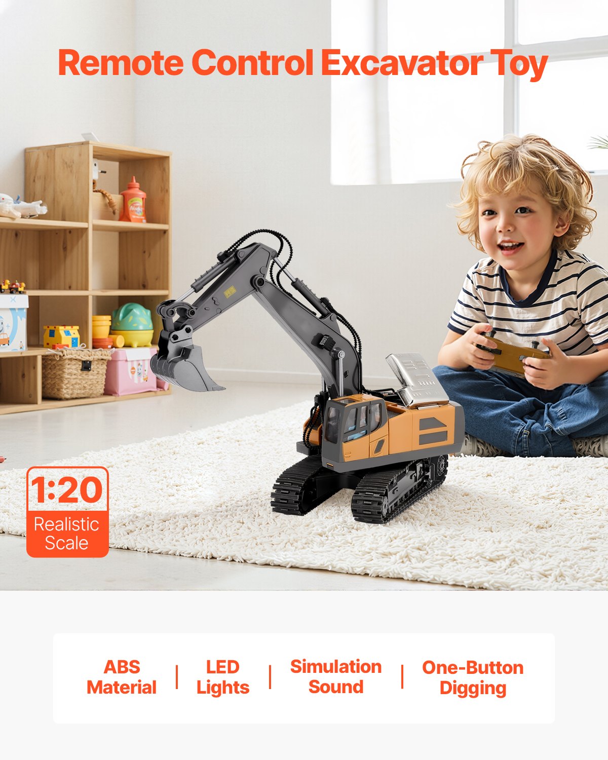 VEVOR Remote Control Excavator Toy 11 Channel 1:20 Scale RC Excavator Digger