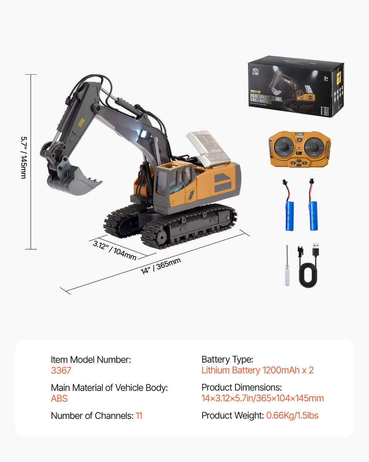 VEVOR Remote Control Excavator Toy 11 Channel 1:20 Scale RC Excavator Digger