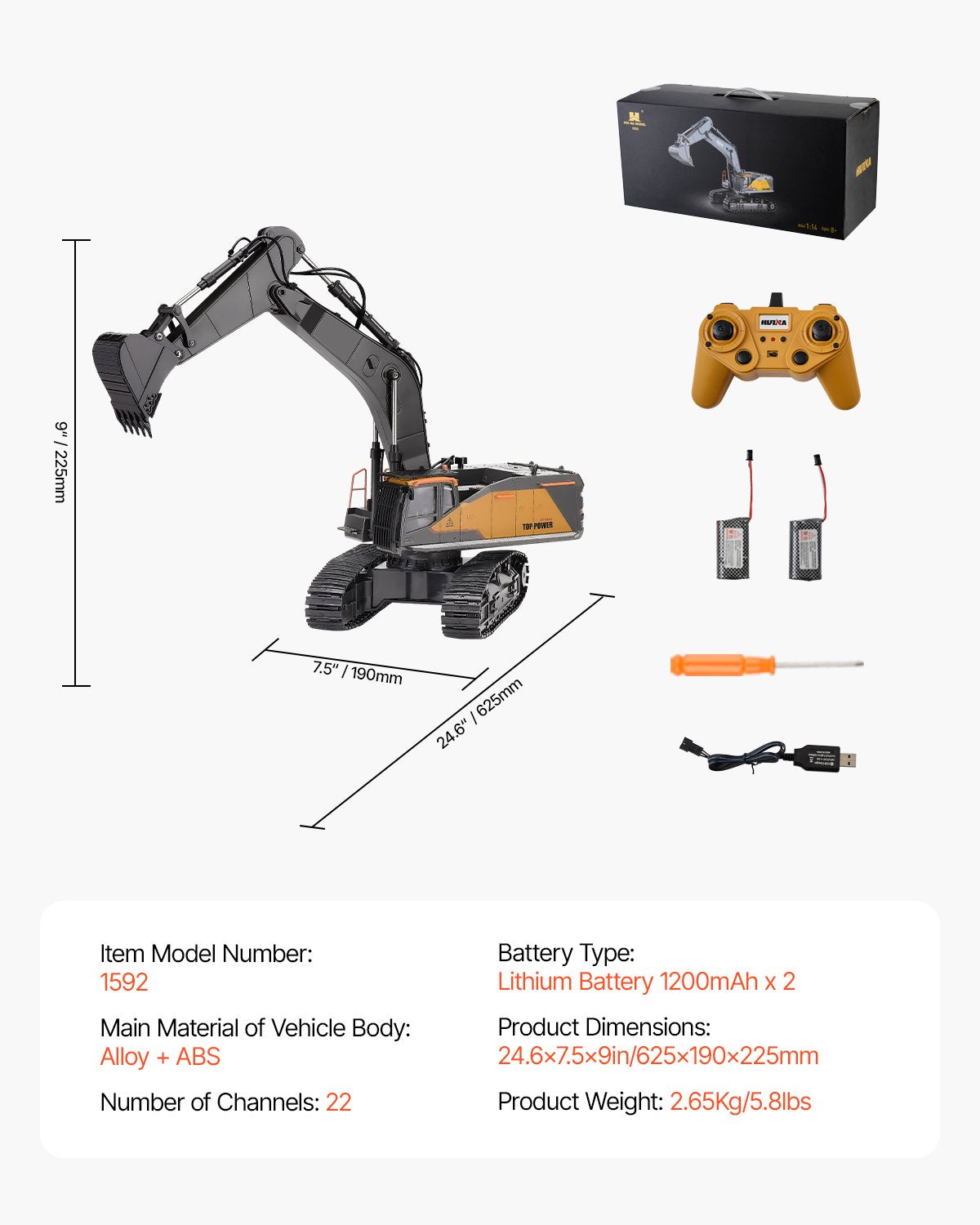 VEVOR Remote Control Excavator Toy 22 Channel 1:14 Scale RC Excavator Digger