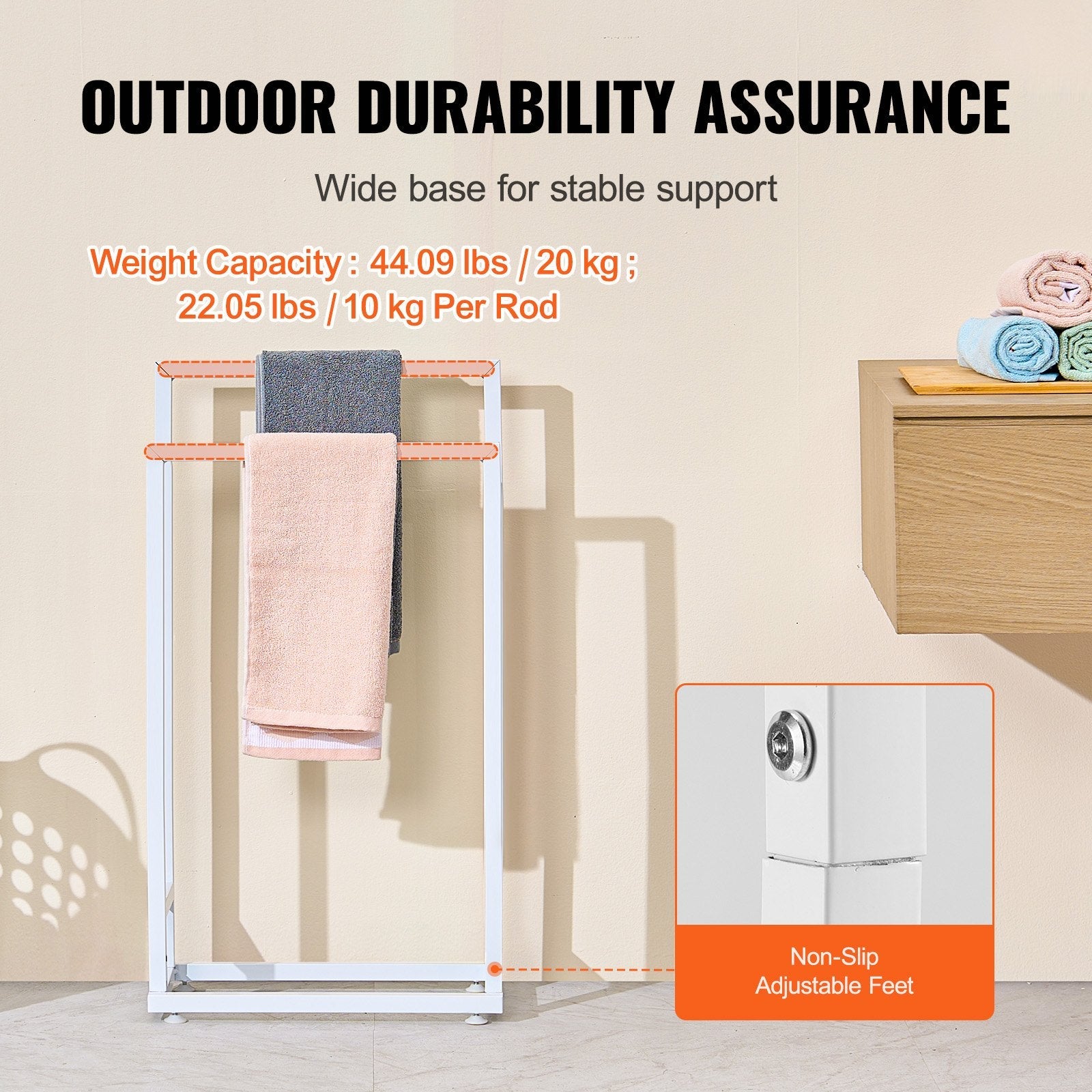 VEVOR Towel Rack 2 Bars Metal Outdoor Towel Holder for Pool Bathroom Spa White