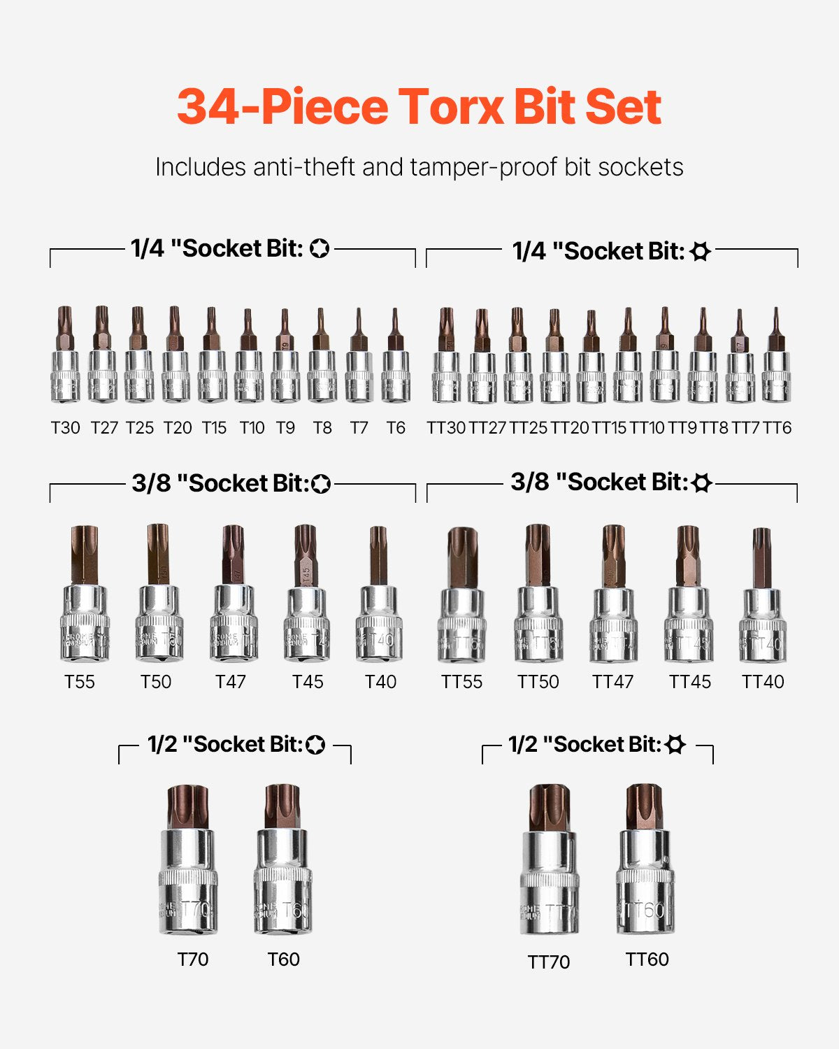 Torx Bit Socket Set 34-Piece Solid Star and Tamper Proof T6-T70 S2 Alloy Steel