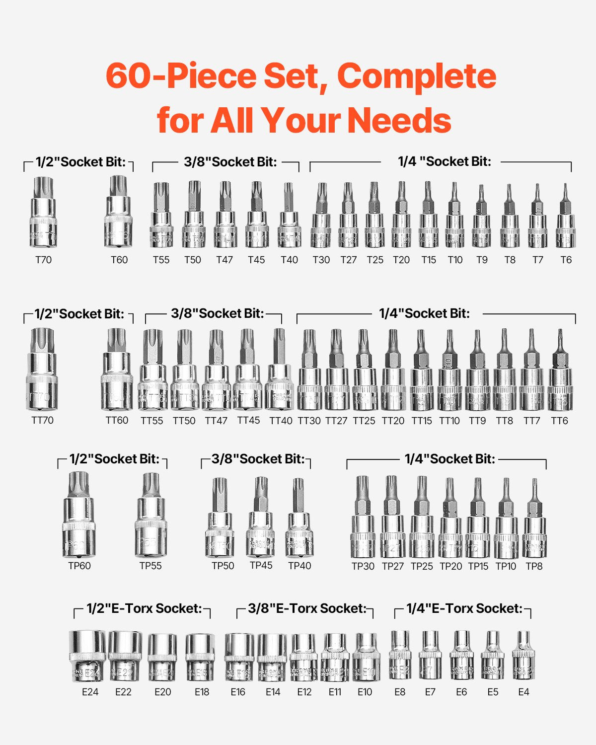 Torx Bit Socket and External Torx Socket Set 60-Piece S2 Alloy Steel Cr-V Steel