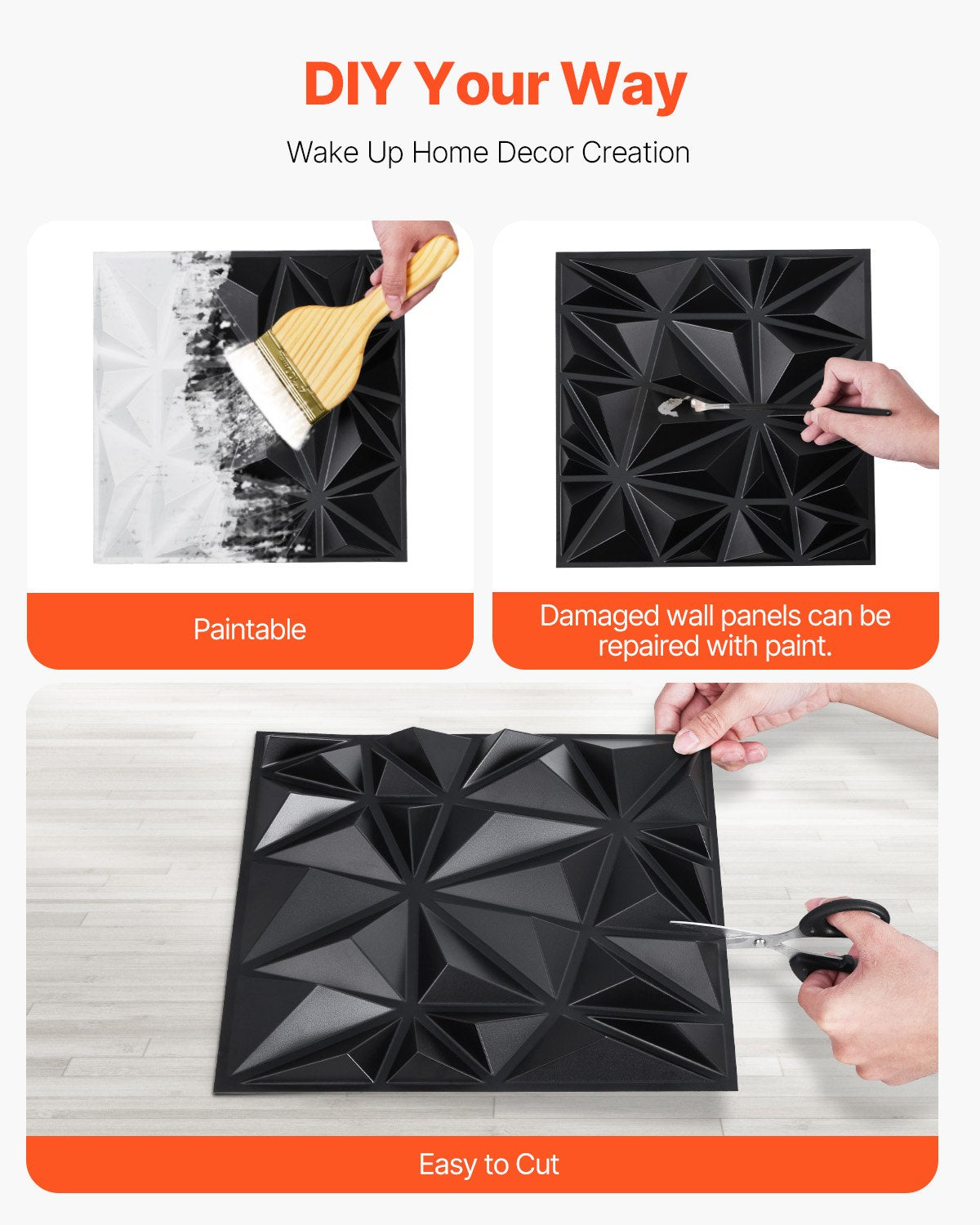 VEVOR 3D Wall Panels 33-Pack 11.81x11.81'' PVC 32 Sq.Ft Coverage Diamond Black