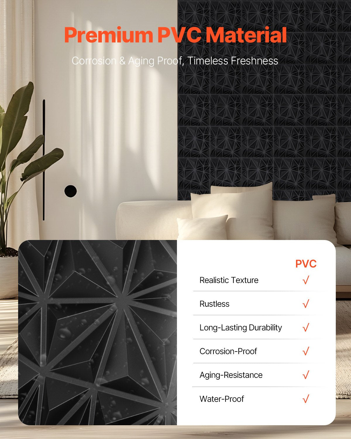 VEVOR 3D Wall Panels 33-Pack 11.81x11.81'' PVC 32 Sq.Ft Coverage Diamond Black