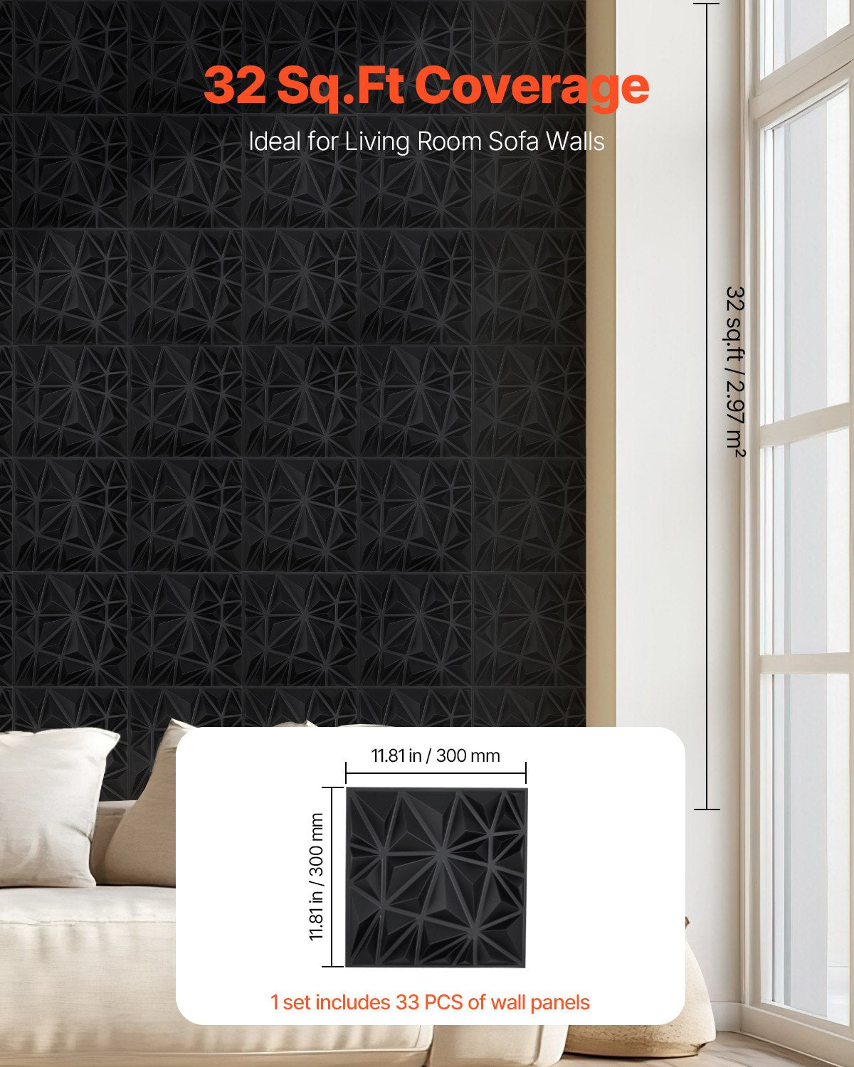 VEVOR 3D Wall Panels 33-Pack 11.81x11.81'' PVC 32 Sq.Ft Coverage Diamond Black