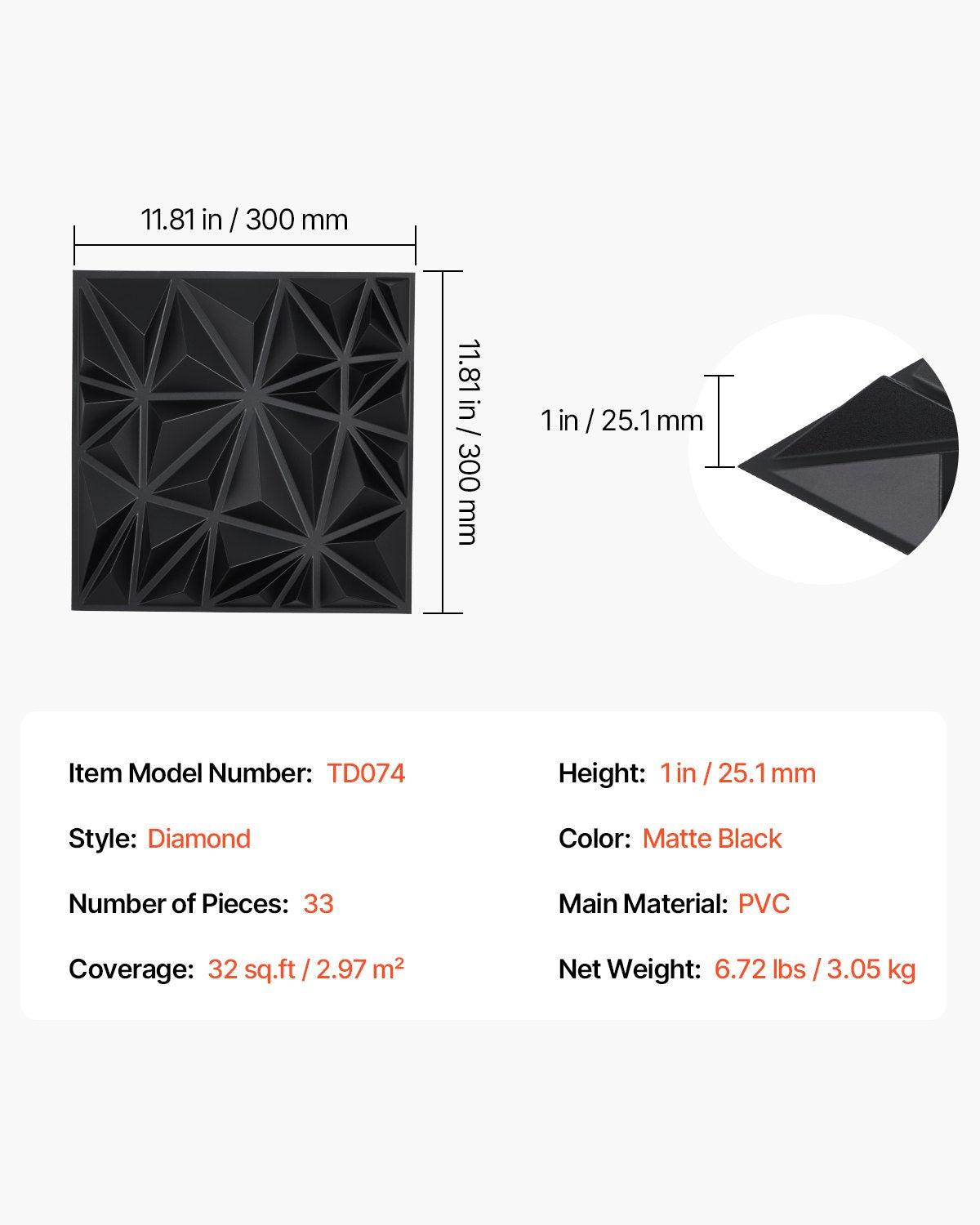 VEVOR 3D Wall Panels 33-Pack 11.81x11.81'' PVC 32 Sq.Ft Coverage Diamond Black