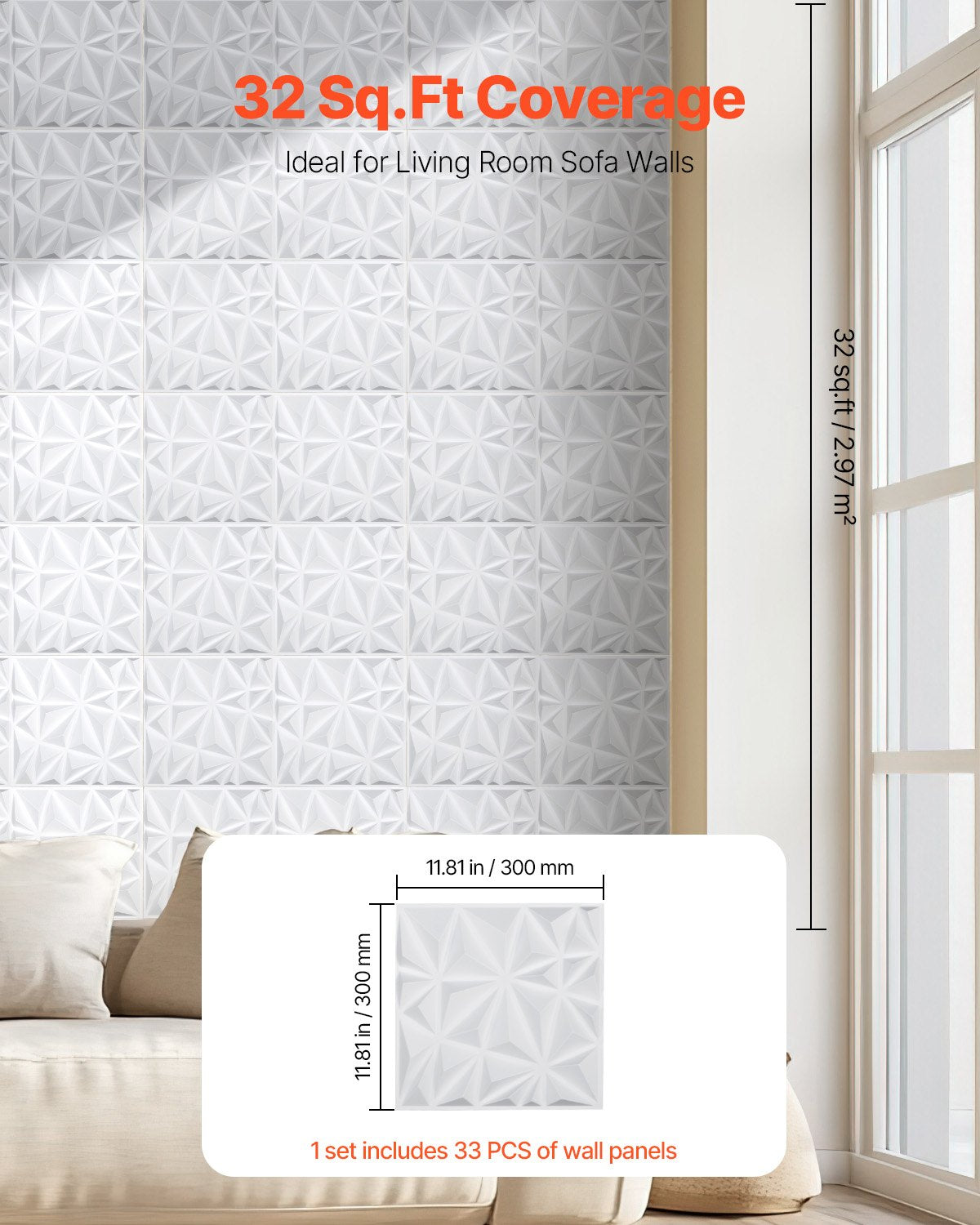 VEVOR 3D Wall Panels 33-Pack 11.81x11.81'' PVC 32 Sq.Ft Coverage Diamond White