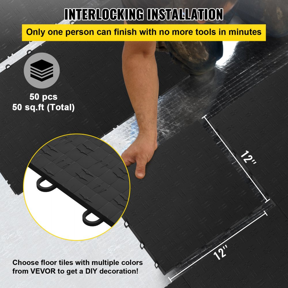 VEVOR Garage Tiles Interlocking 12"x12" Garage Floor Covering Tiles 50 Pack Black Diamond Garage Flooring Tiles Slide-Resistant Modular Garage Flooring 55000 lbs Capacity for Basement Gym Durable