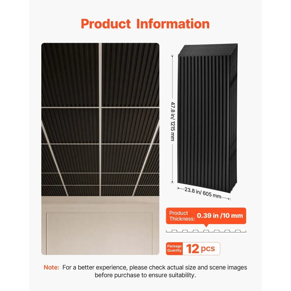 24 x 48 in 3D Black PVC Ceiling Tiles, 12-Pack Drop Ceiling Panels for Grid Systems