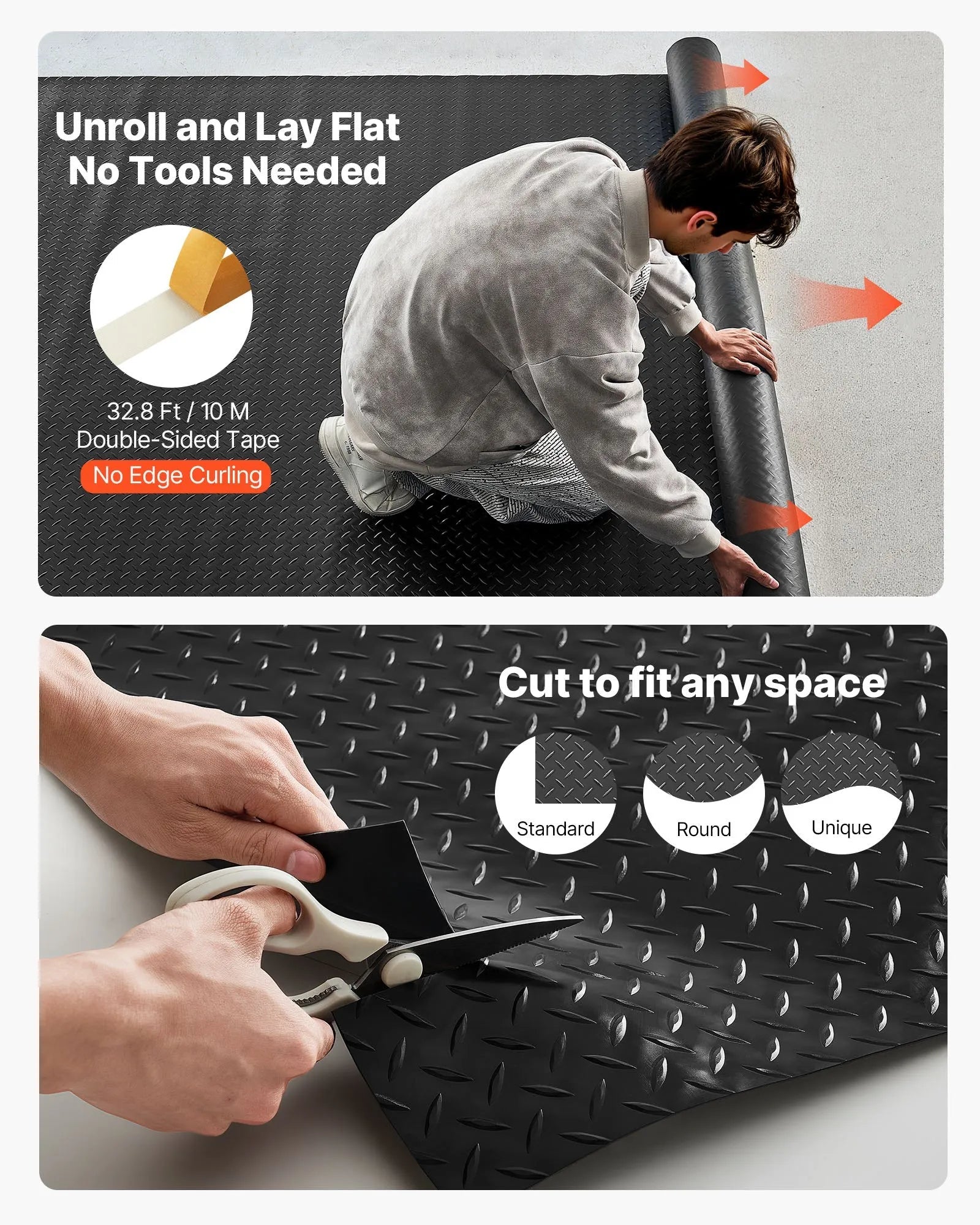 VEVOR Garage Floor Roll, 4 x 10 ft Garage Flooring Mat, 2.2 mm Thickened PVC Diamond Plate Floor Protector Mat with Double-sided Tape, Non-Slip, Easy to Clean for Warehouse, Gyms, Trailer, Black