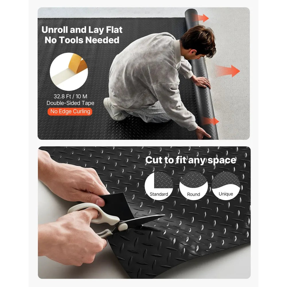 VEVOR Garage Floor Roll, 7.5 x 20 ft Garage Flooring Mat, 2.2 mm Thickened PVC Diamond Plate Floor Protector Mat with Double-sided Tape, Non-Slip, Easy to Clean for Warehouse, Gyms, Trailer, Black