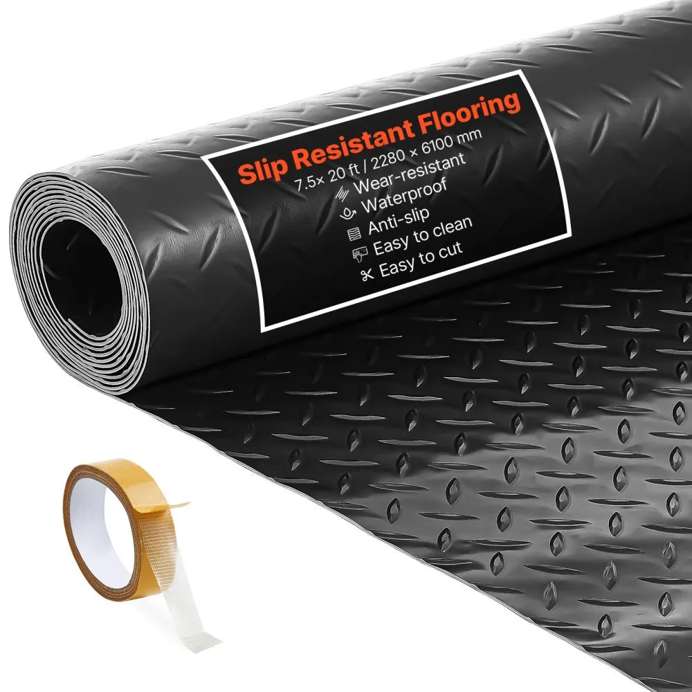 VEVOR Garage Floor Roll, 7.5 x 20 ft Garage Flooring Mat, 2.2 mm Thickened PVC Diamond Plate Floor Protector Mat with Double-sided Tape, Non-Slip, Easy to Clean for Warehouse, Gyms, Trailer, Black