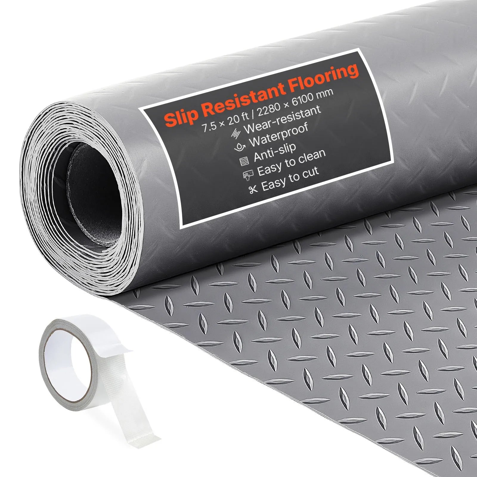 VEVOR Garage Floor Roll, 7.5 x 20 ft Garage Flooring Mat, 2.2 mm Thickened PVC Diamond Plate Floor Protector Mat with Double-sided Tape, Non-Slip, Easy to Clean for Warehouse, Gyms,Silver Gray