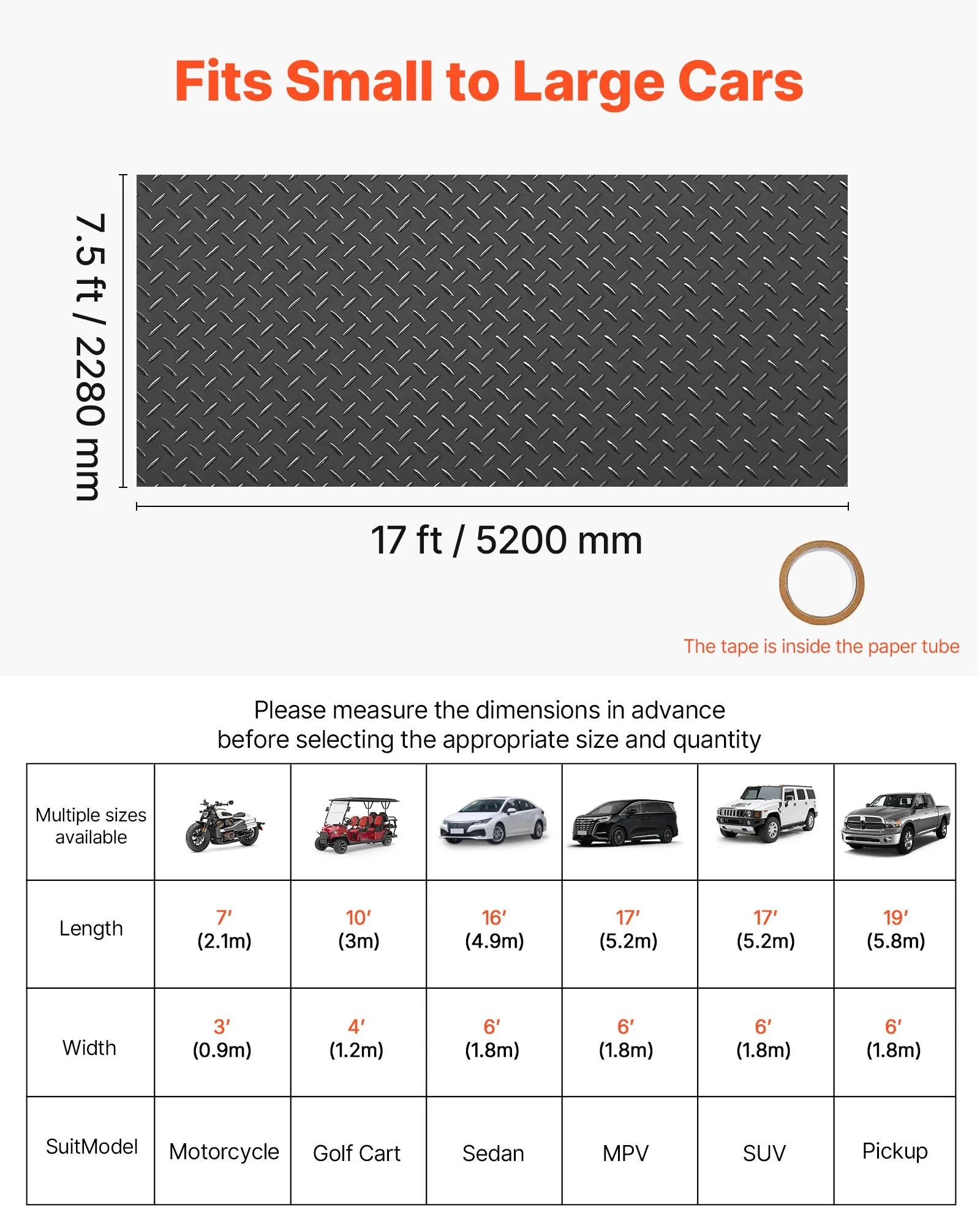 VEVOR Garage Floor Roll, 7.5 x 17 ft Garage Flooring Mat, 2.2 mm Thickened PVC Diamond Plate Floor Protector Mat with Double-sided Tape, Non-Slip, Easy to Clean for Warehouse, Gyms, Trailer, Black