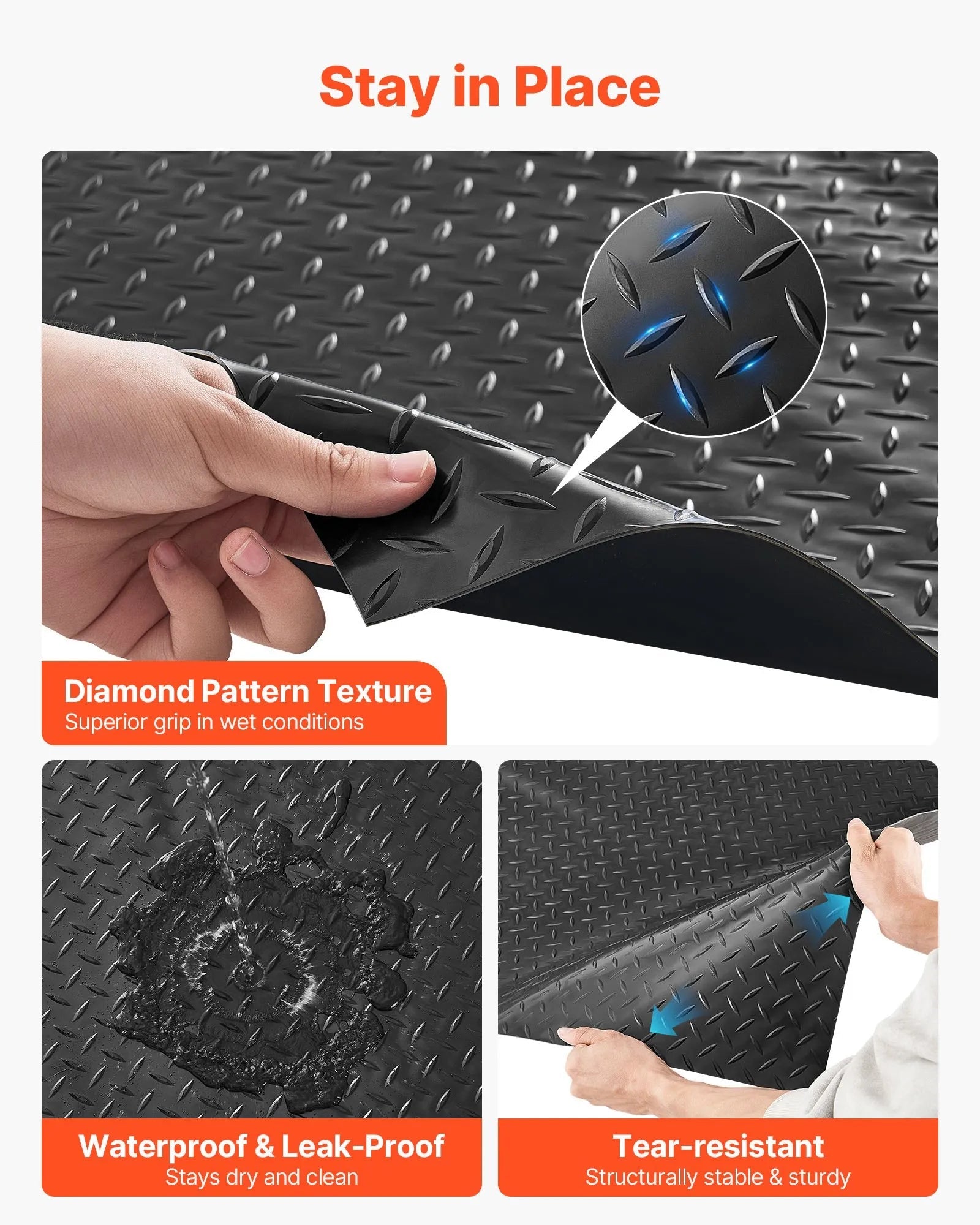 VEVOR Garage Floor Roll, 7.5 x 17 ft Garage Flooring Mat, 2.2 mm Thickened PVC Diamond Plate Floor Protector Mat with Double-sided Tape, Non-Slip, Easy to Clean for Warehouse, Gyms, Trailer, Black