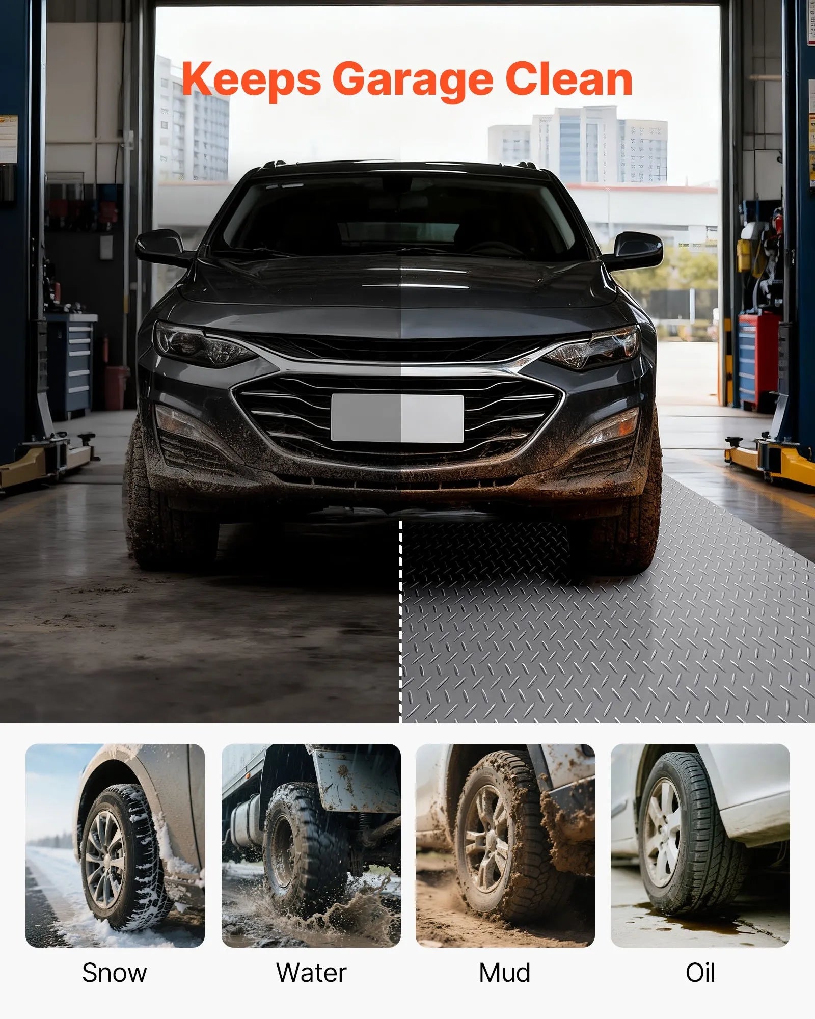 VEVOR Garage Floor Roll, 7.5 x 17 ft Garage Flooring Mat, 2.2 mm Thickened PVC Diamond Plate Floor Protector Mat with Double-sided Tape, Non-Slip, Easy to Clean for Warehouse, Gyms,Silver Gray