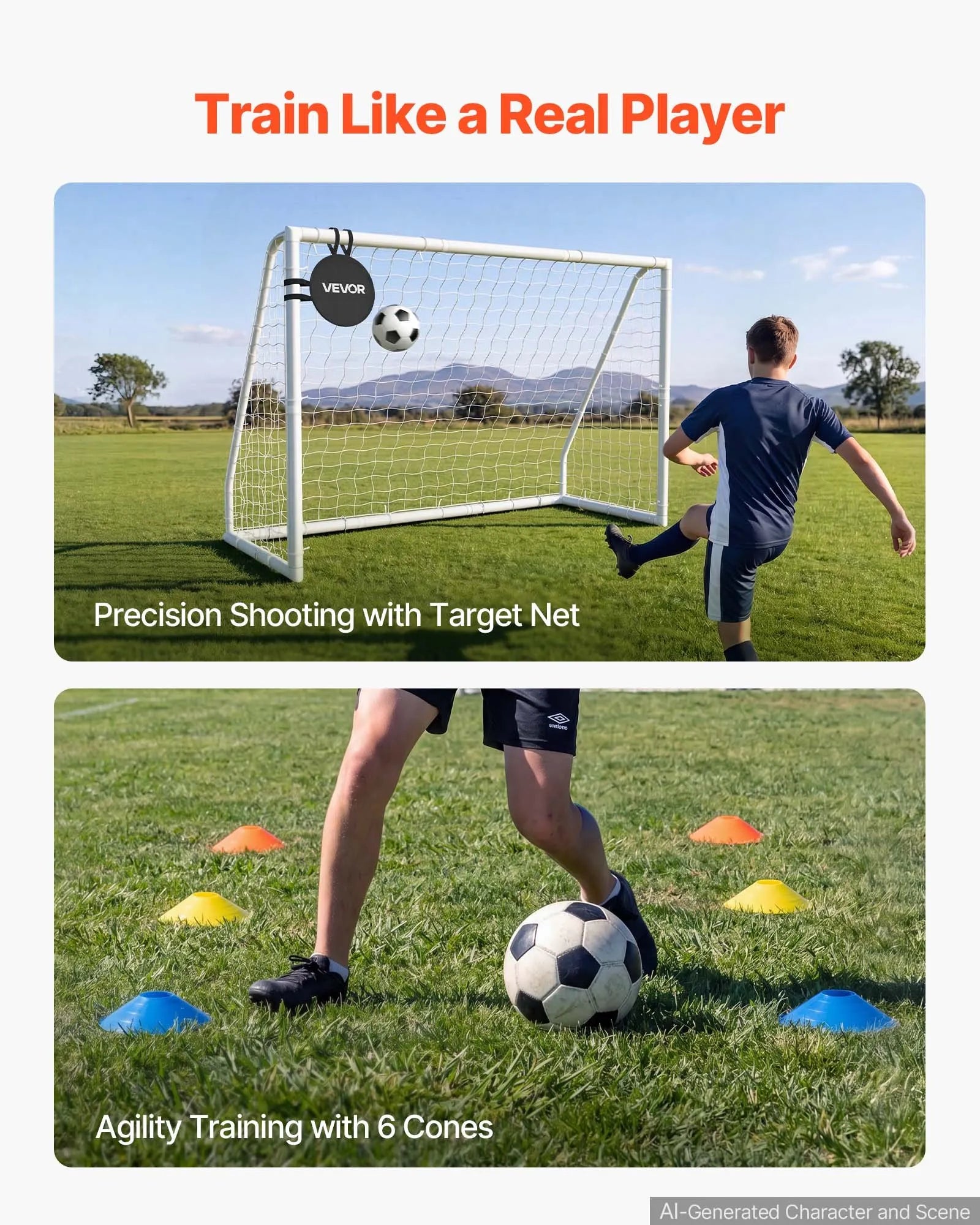 Portable Soccer Goal 8 x 6 FT with PE Net | Backyard Soccer Training Set with Target, Cones & Carry Bag
