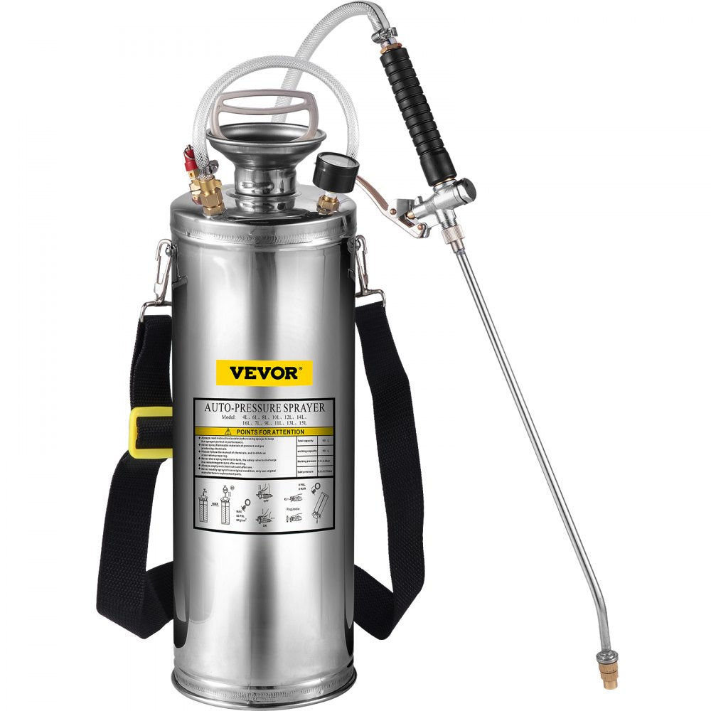 VEVOR 3Gal Stainless Steel Sprayer, Set with 20’’ Wand& Handle& 3FT Reinforced Hose, Hand Pump Sprayer with Pressure Gauge&Safety Valve, Adjustable Nozzle Suitable for Gardening and Sanitizing