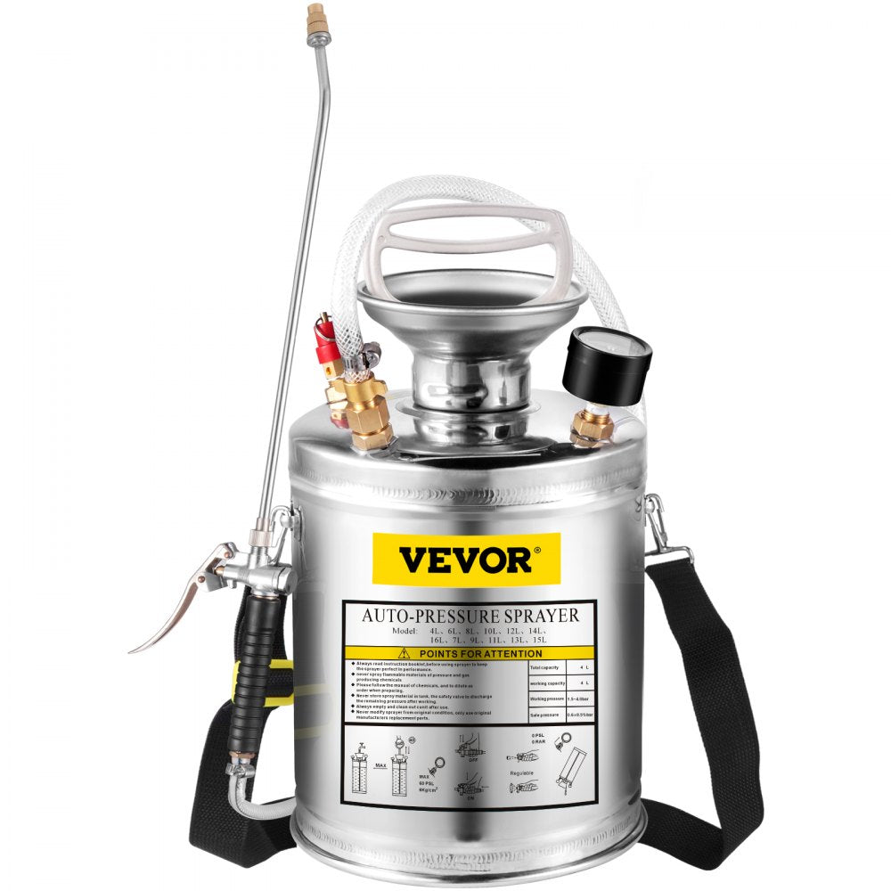 VEVOR Stainless Steel Sprayer 1GL , Set with 12” Wand& Handle& 3FT Reinforced Hose, Hand Pump Sprayer with Pressure Gauge&Safety Valve, Adjustable Nozzle Suitable for Gardening and Sanitizing, Silver
