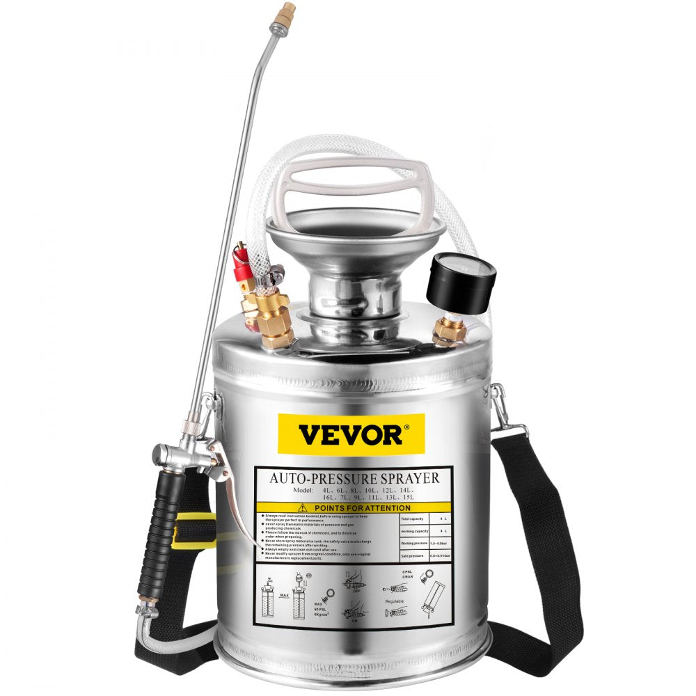 VEVOR Stainless Steel Sprayer 1GL , Set with 12” Wand& Handle& 3FT Reinforced Hose, Hand Pump Sprayer with Pressure Gauge&Safety Valve, Adjustable Nozzle Suitable for Gardening and Sanitizing, Silver