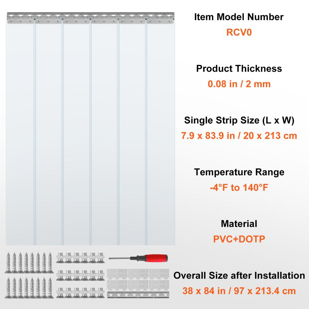VEVOR Strip Curtain, 84" Height x 38" Width, 0.08" Thickness, 6PCS Clear PVC Strip Door Curtain, Freezer Curtain, Plastic Door Strips for Walk in Freezers, Coolers & Warehouse Doors, with 50% Overlap