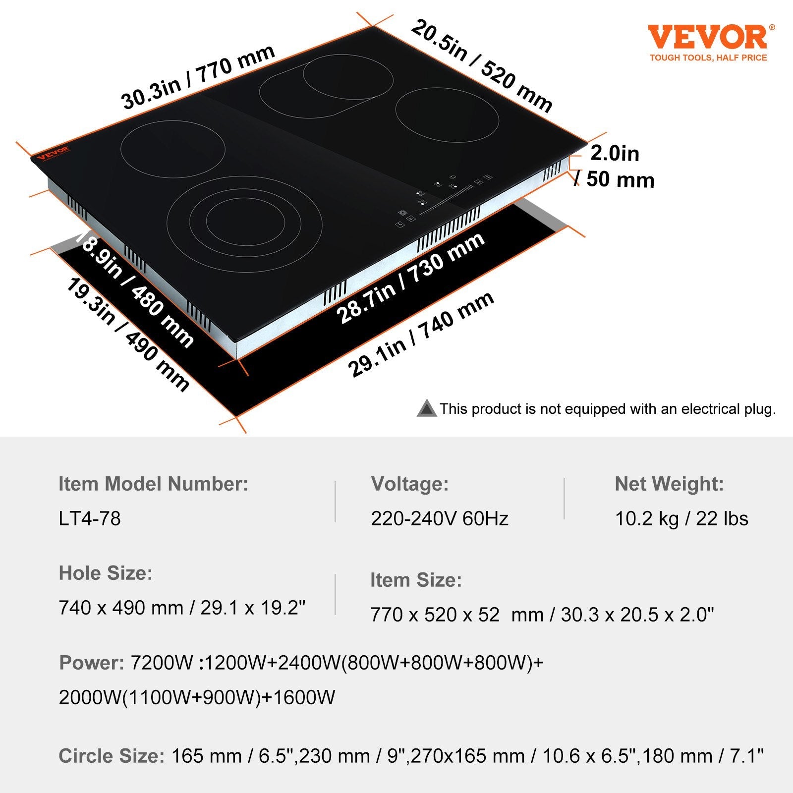 VEVOR Built in Electric Stove Top, 30.3 x 20.5 inch 4 Burners, 240V Glass Radiant Cooktop with Sensor Touch Control, Timer & Child Lock Included, 9 Power Levels for Simmer Steam Slow Cook Fry