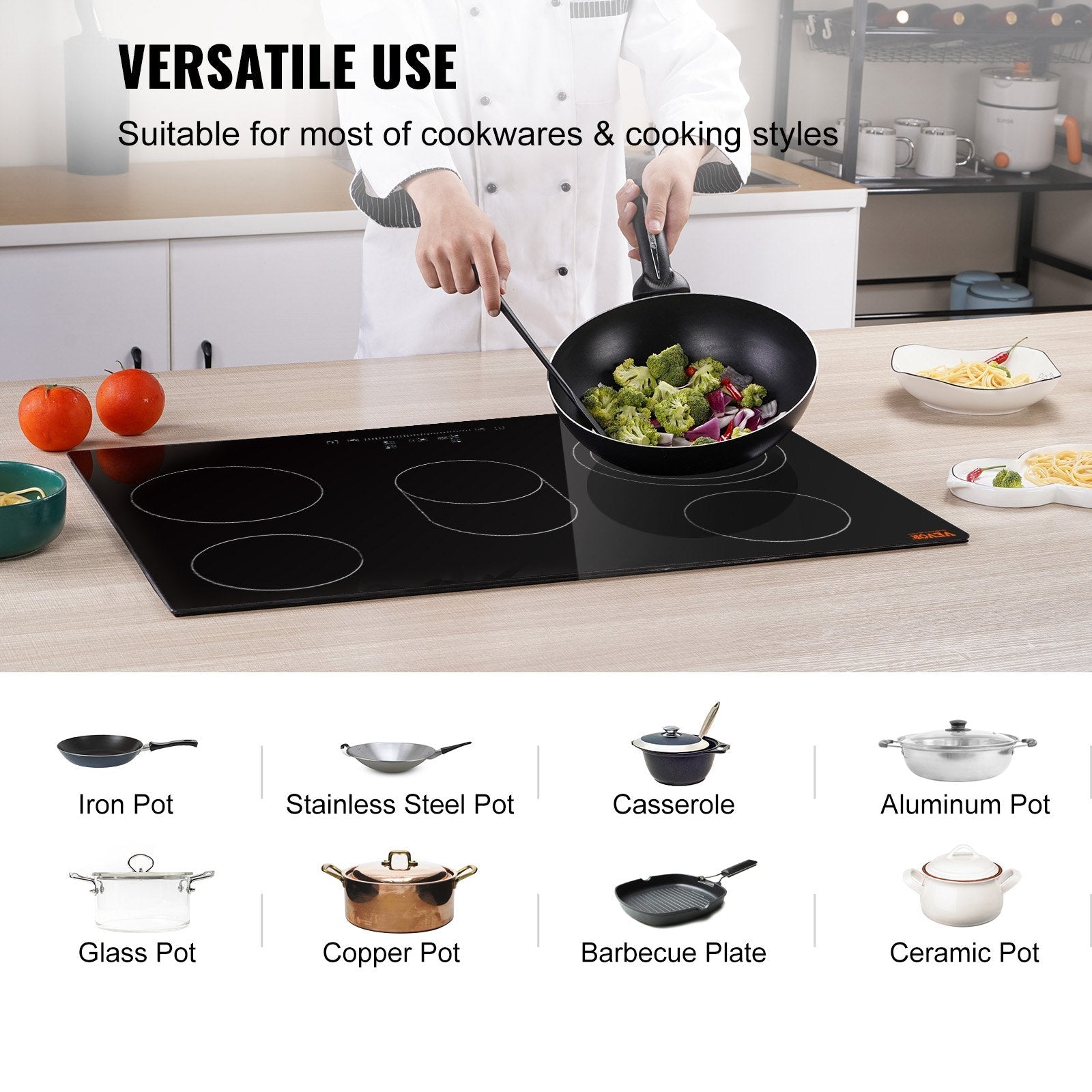 VEVOR Built in Electric Stove Top, 30.3 x 20.5 inch 5 Burners, 240V Glass Radiant Cooktop with Sensor Touch Control, Timer & Child Lock Included, 9 Power Levels for Simmer Steam Slow Cook Fry
