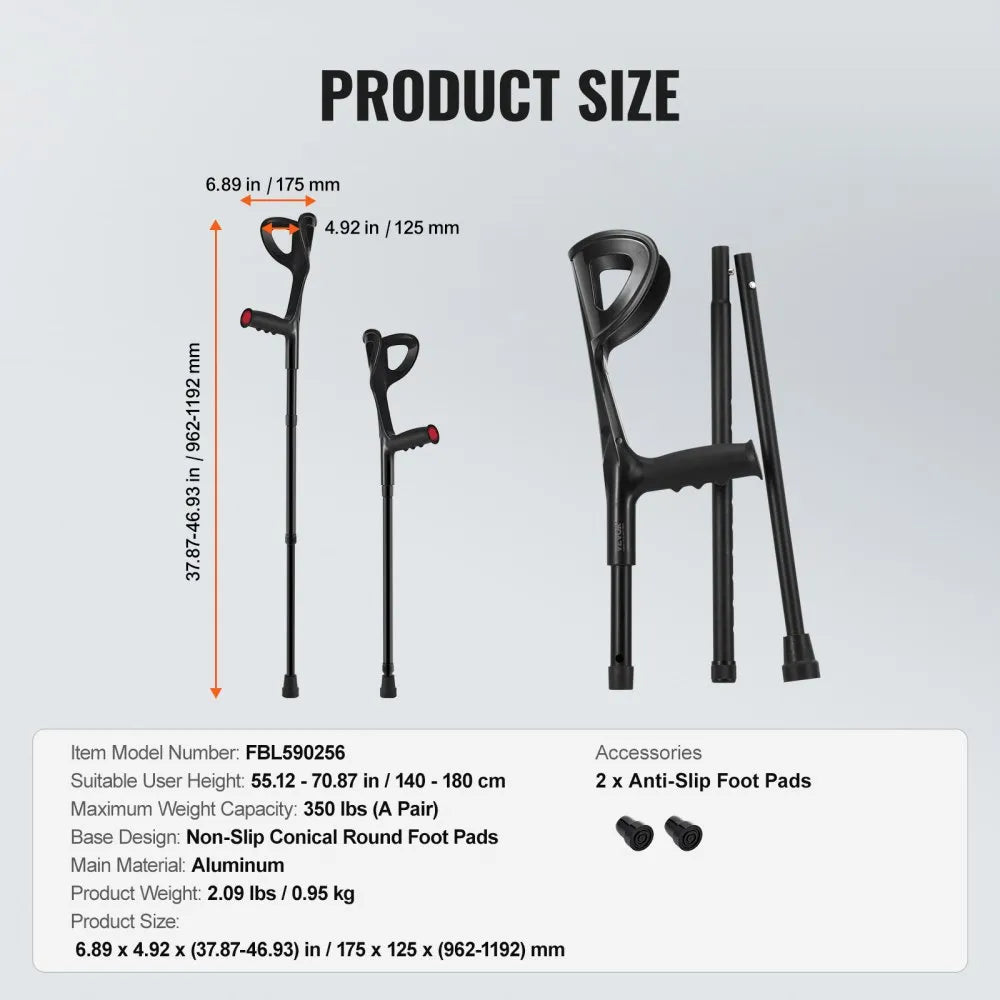 VEVOR Forearm Crutches 10-Level Height Adjustable Walking Crutches 1 Pair 350LBS