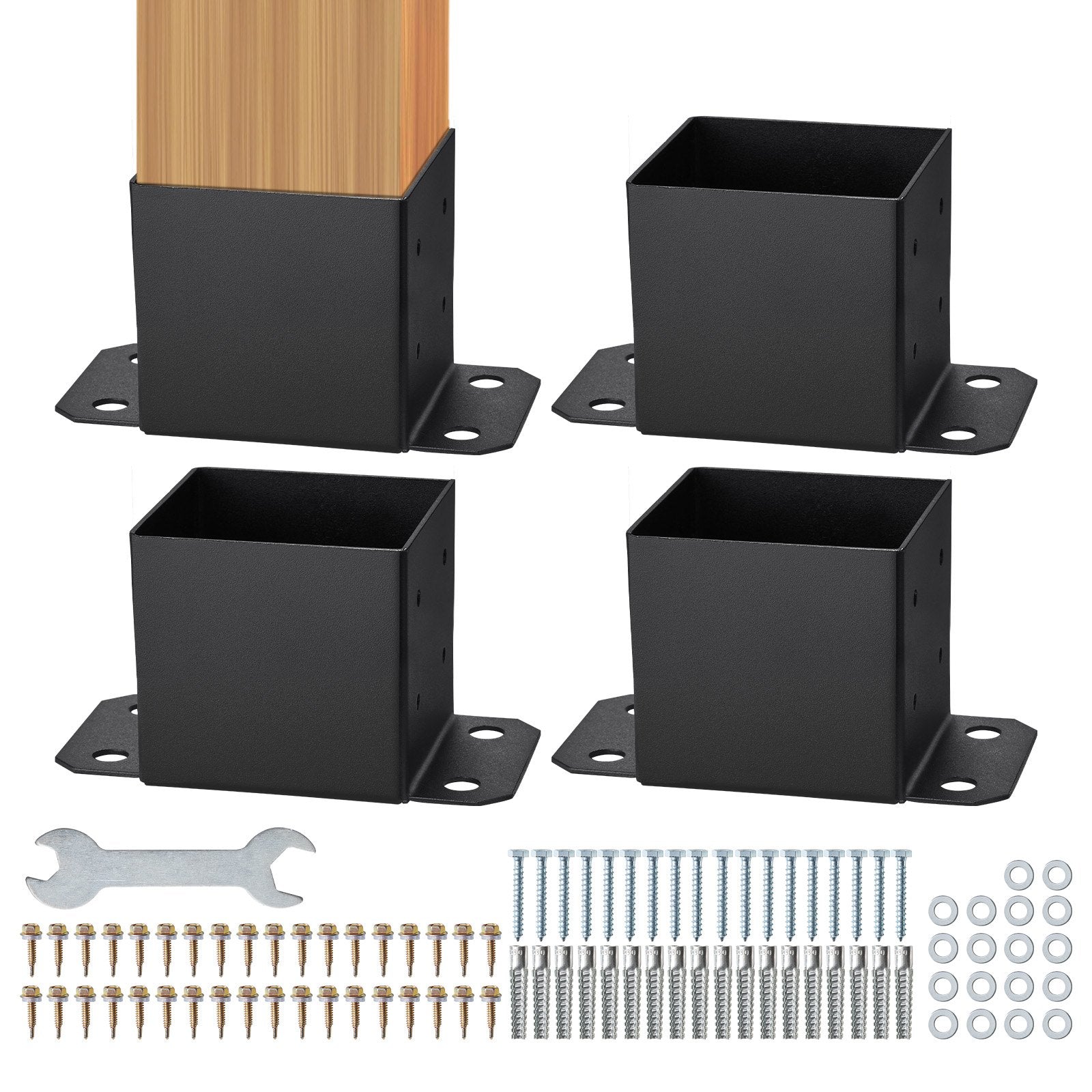 VEVOR 6x6 Post Base 4 Pcs, Inner Size 5.6"x5.6" Post Base Brackets, Heavy Duty Powder-Coated Post Anchor Matte Black Wood Post Brackets for Pavilion Deck Railing Support Deck Base Plate