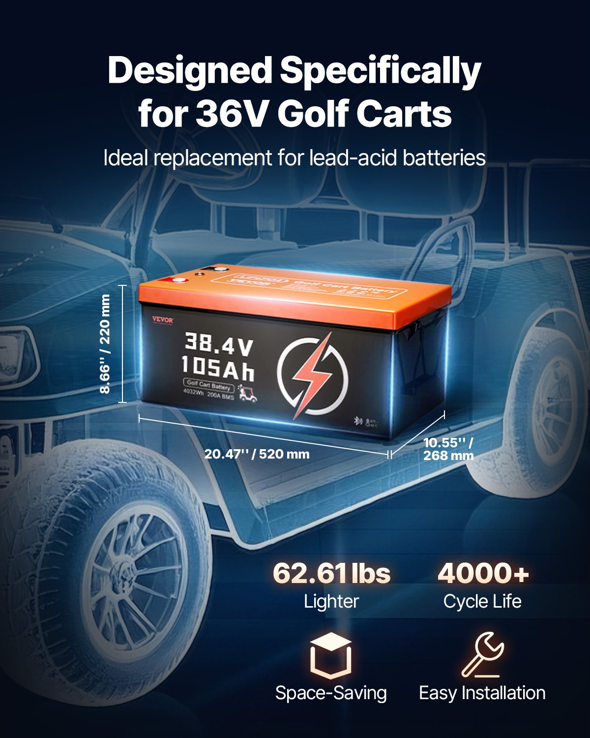 VEVOR 36V 105Ah Golf Cart Lithium Battery with LCD Monitor and 4000+ Cycles