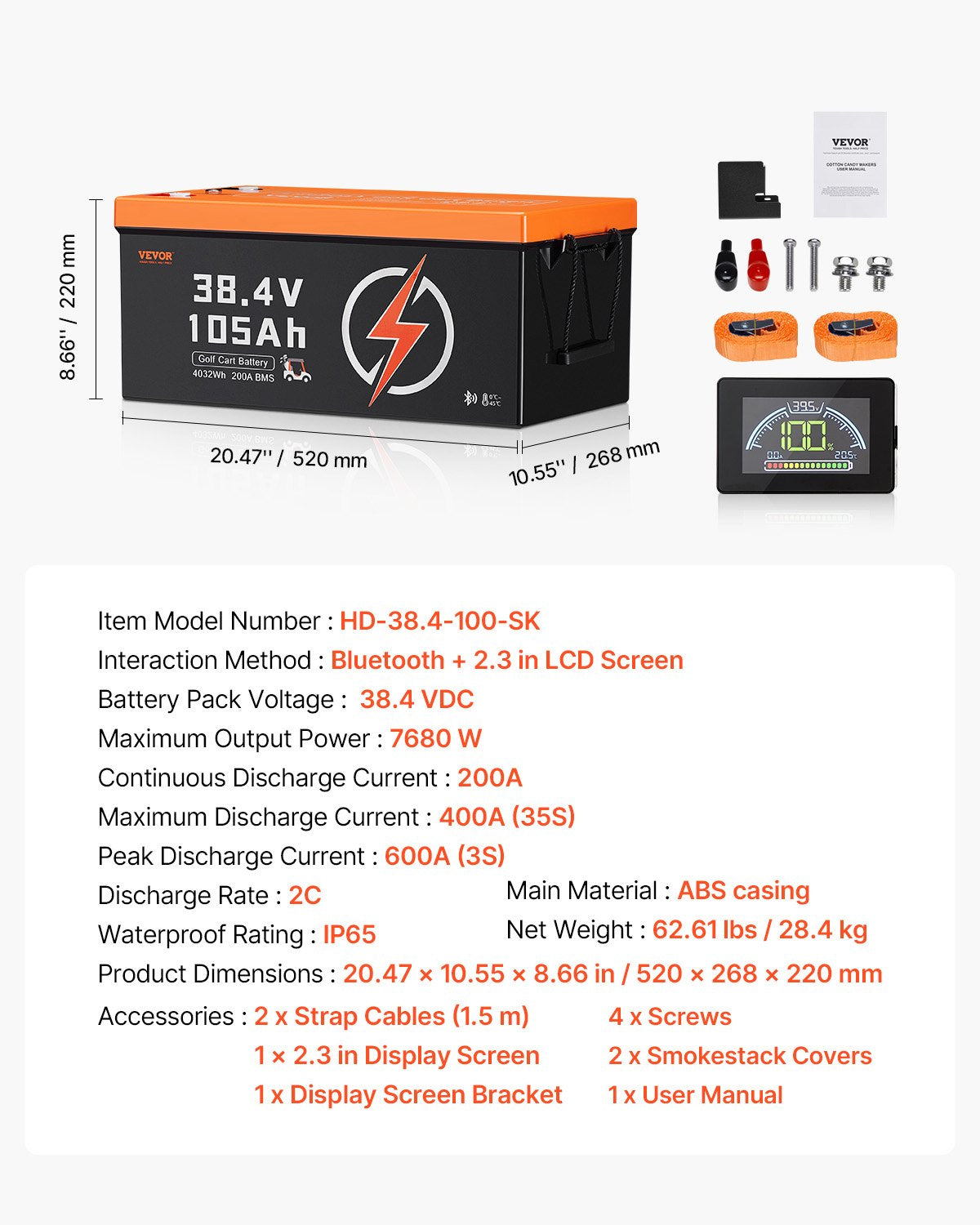 VEVOR 36V 105Ah Golf Cart Lithium Battery with LCD Monitor and 4000+ Cycles