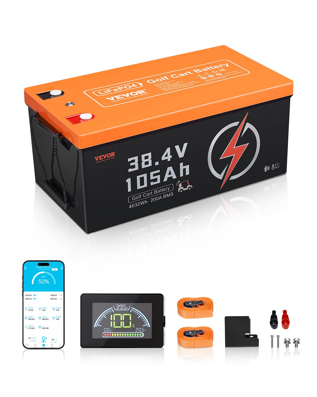 VEVOR 36V 105Ah Golf Cart Lithium Battery with LCD Monitor and 4000+ Cycles
