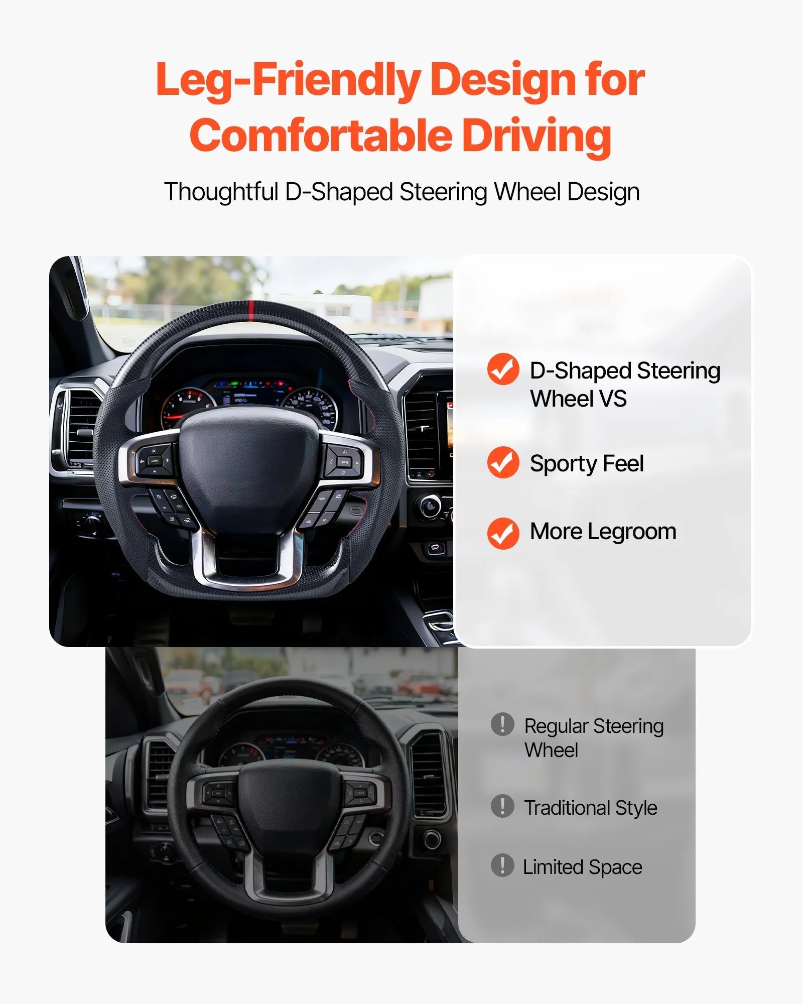 VEVOR Steering Wheel for 2021-2024 Ford F150, Carbon Fiber Steering Wheel D-Shaped Flat-Bottom with Heating Function, Leather Grip with Non-Slip Texture, Accessories Replacement for Ford F150, Black