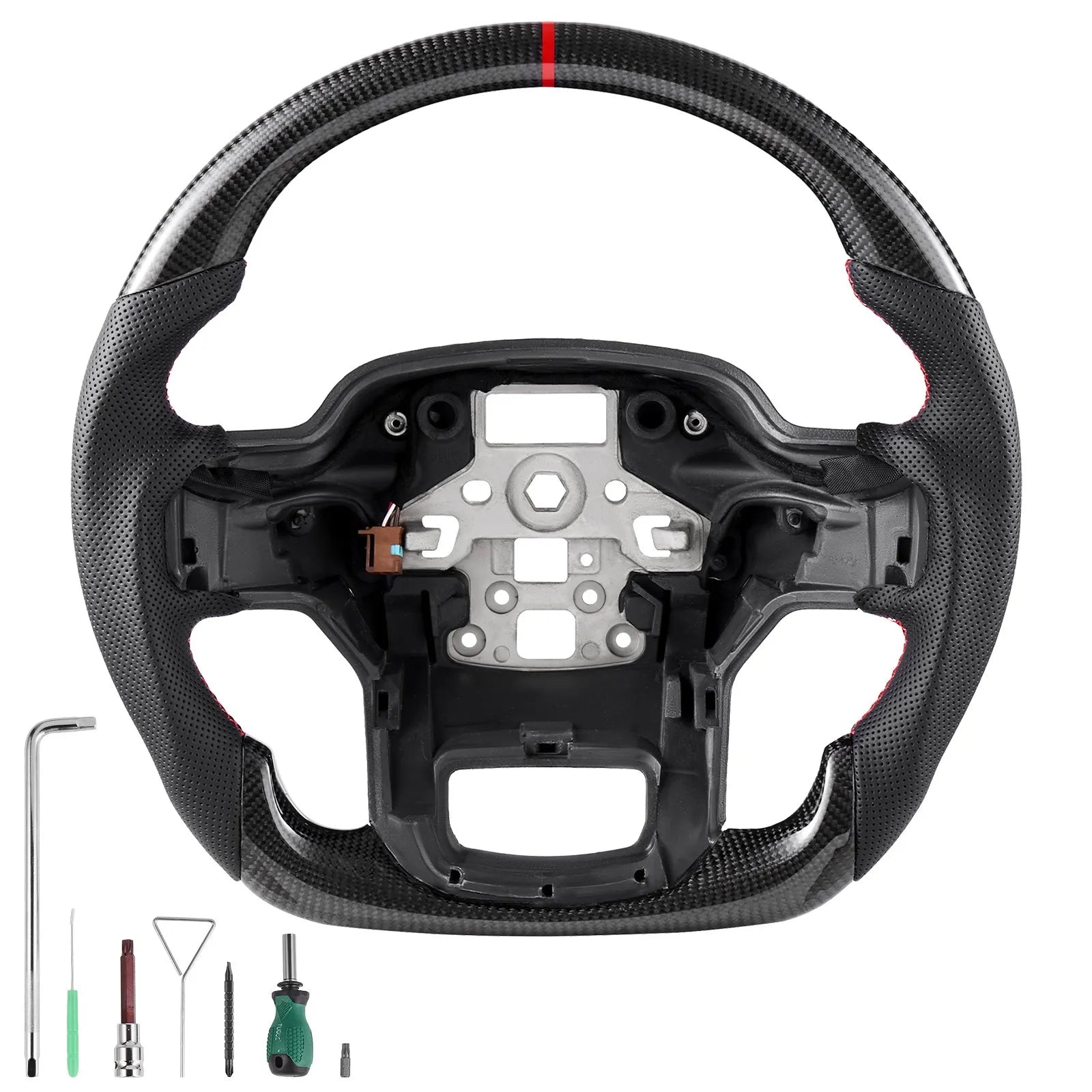 VEVOR Steering Wheel for 2021-2024 Ford F150, Carbon Fiber Steering Wheel D-Shaped Flat-Bottom with Heating Function, Leather Grip with Non-Slip Texture, Accessories Replacement for Ford F150, Black
