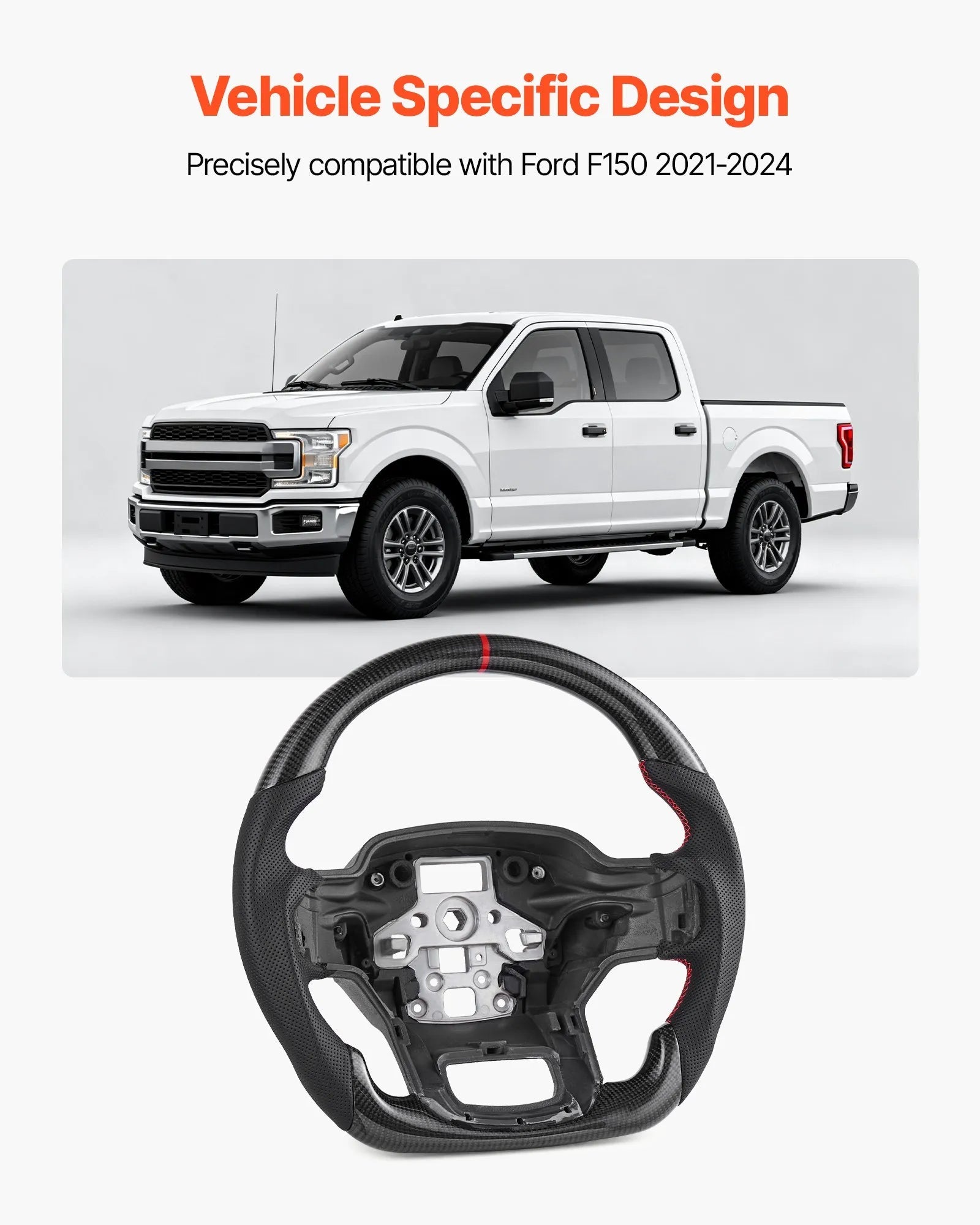 VEVOR Steering Wheel for 2021-2024 Ford F150, Carbon Fiber Steering Wheel D-Shaped Flat-Bottom, Leather Grip with Non-Slip Texture & Precise Stitching, Accessories Replacement for Ford F150, Black