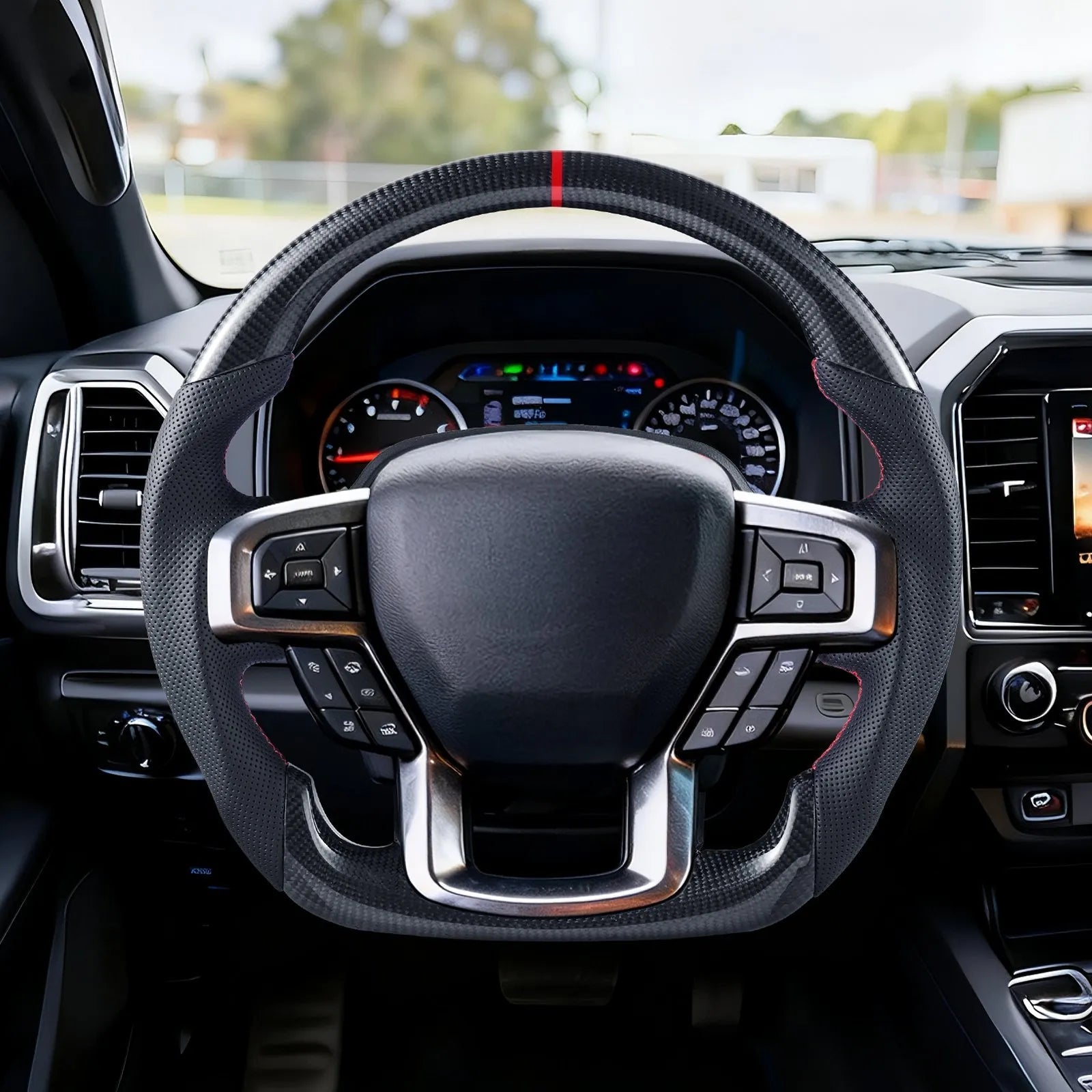 VEVOR Steering Wheel for 2021-2024 Ford F150, Carbon Fiber Steering Wheel D-Shaped Flat-Bottom, Leather Grip with Non-Slip Texture & Precise Stitching, Accessories Replacement for Ford F150, Black