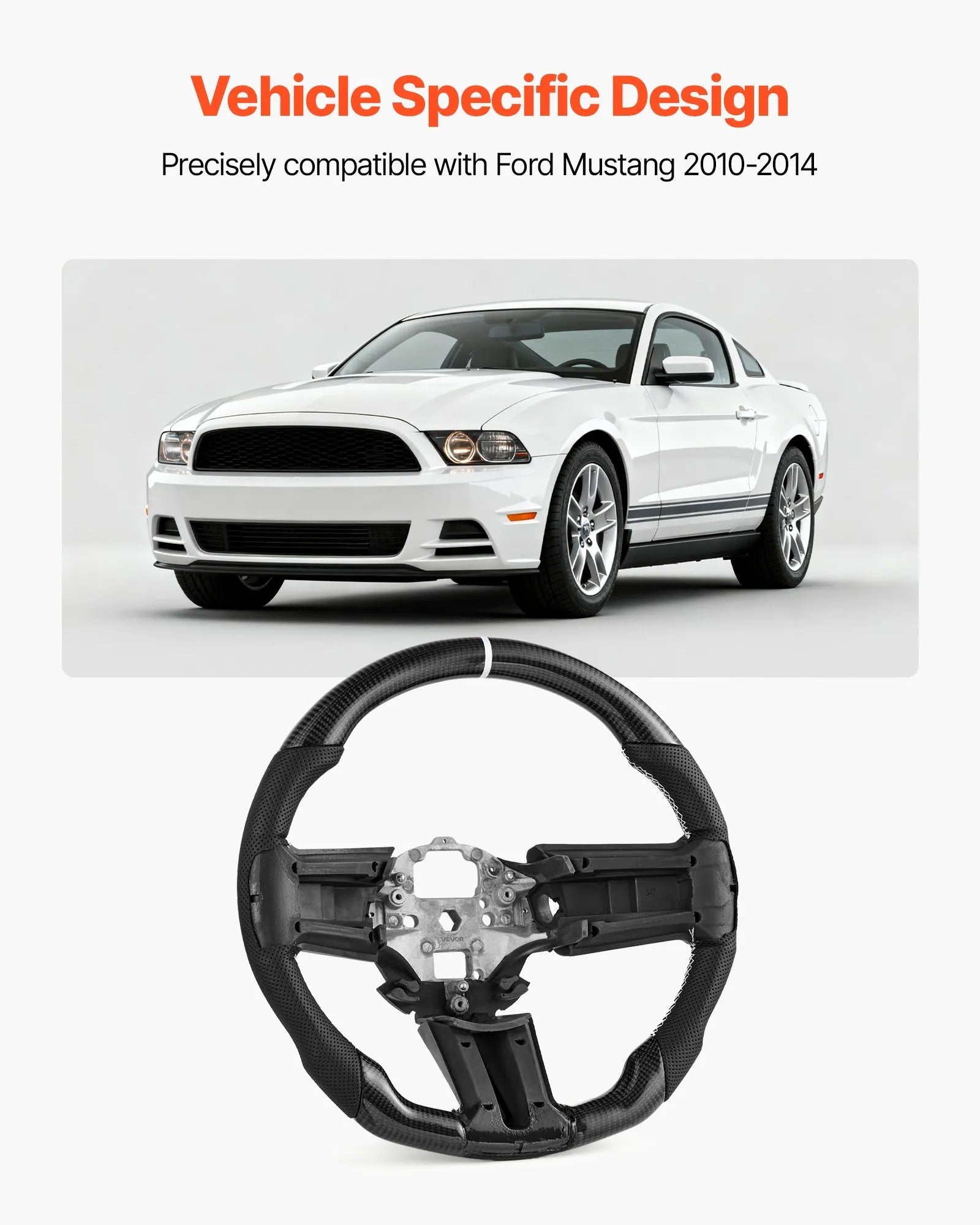 VEVOR Steering Wheel for 2010-2014 Ford Mustang, Carbon Fiber Steering Wheel D-Shaped Flat-Bottom, Leather Grip with Non-Slip Texture & Precise Stitching, Accessories Replacement for Mustang, Black